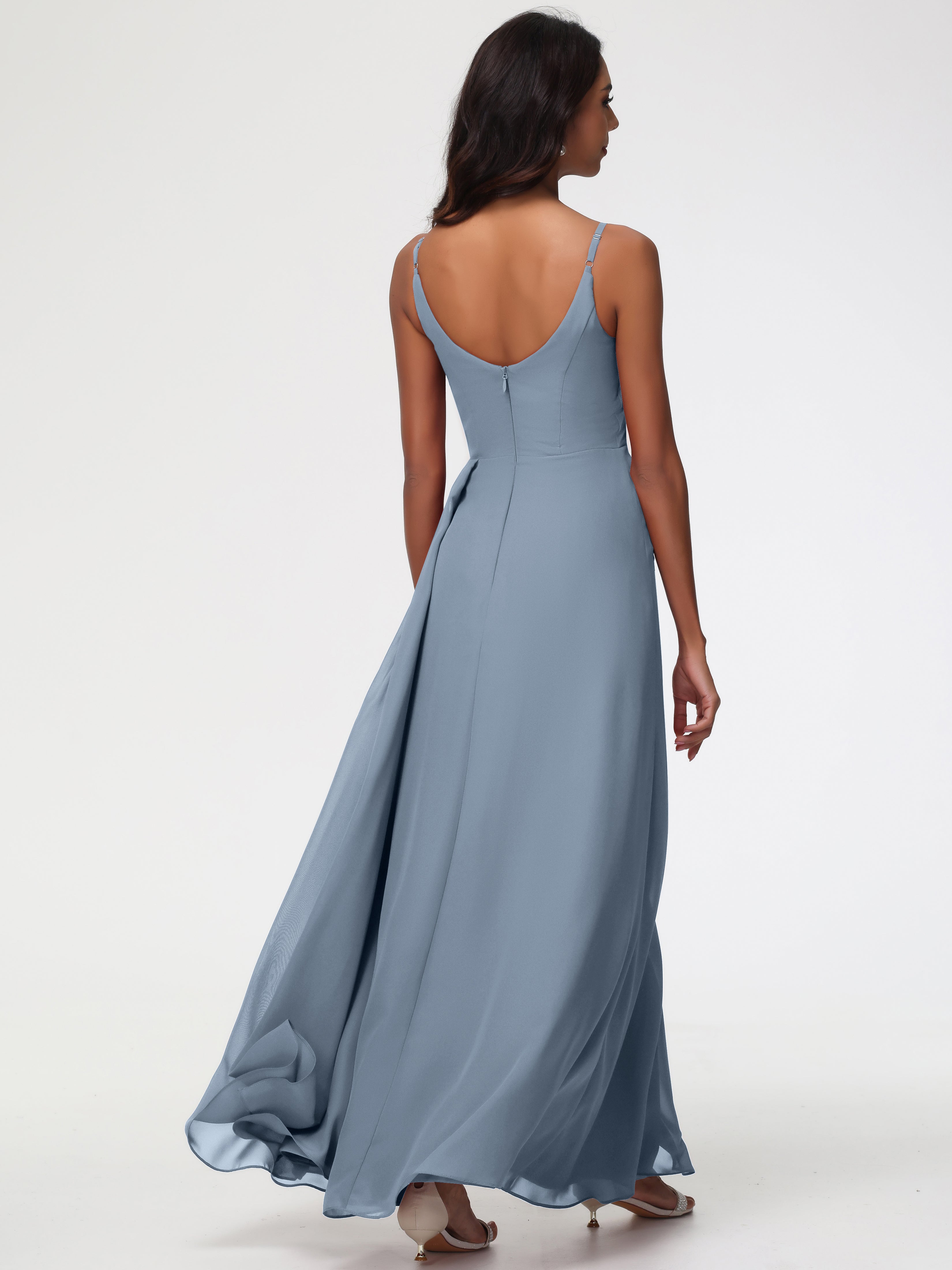 Robes De Demoiselle D'Honneur Bleu Gris Bretelles Spaghetti Col V Mousseline Robe Demoiselle D'Honneur Longue Plissée