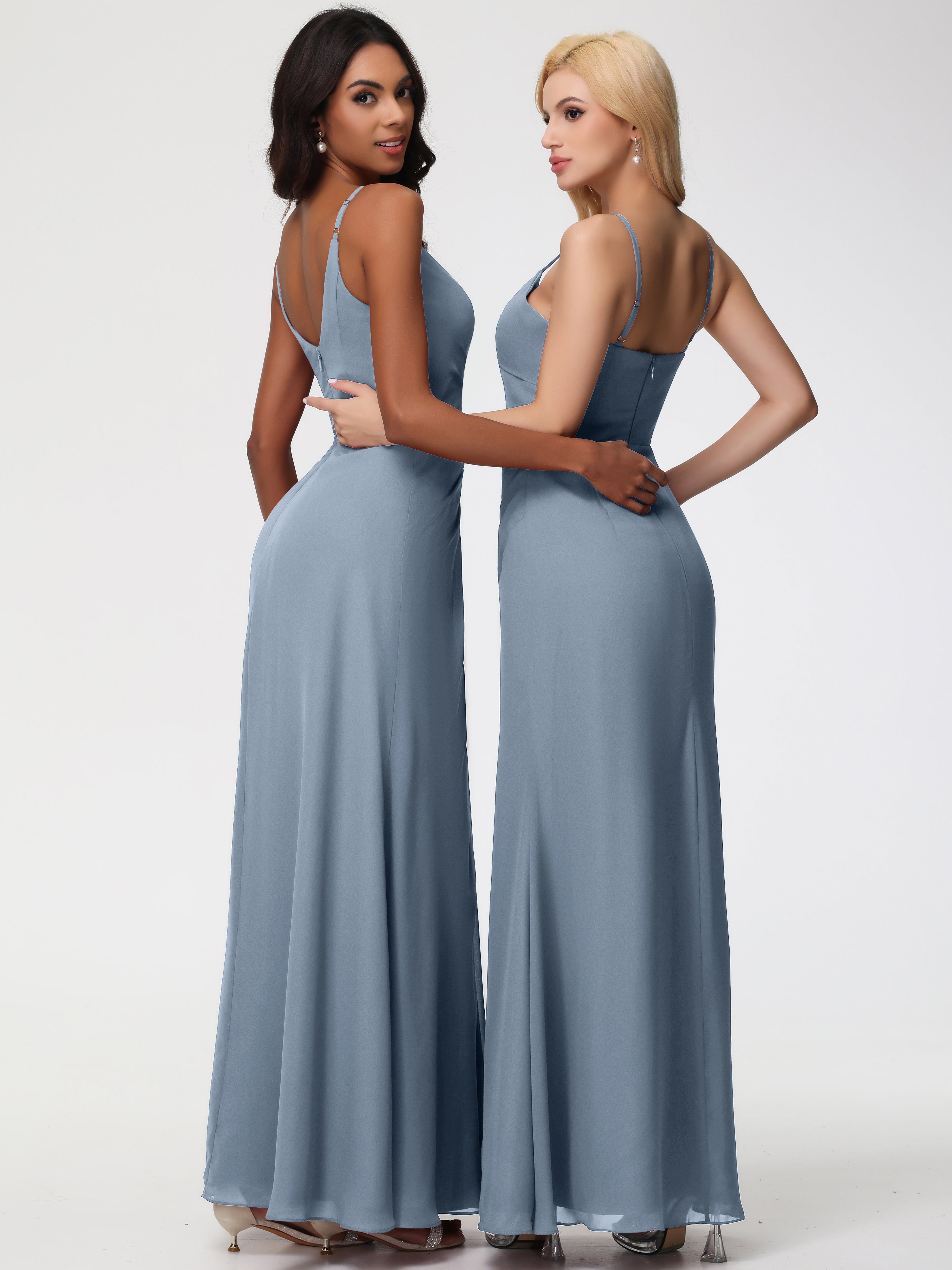 Robes De Demoiselle D'Honneur Bleu Gris Bretelles Spaghetti Col V Mousseline Robe Demoiselle D'Honneur Longue Plissée