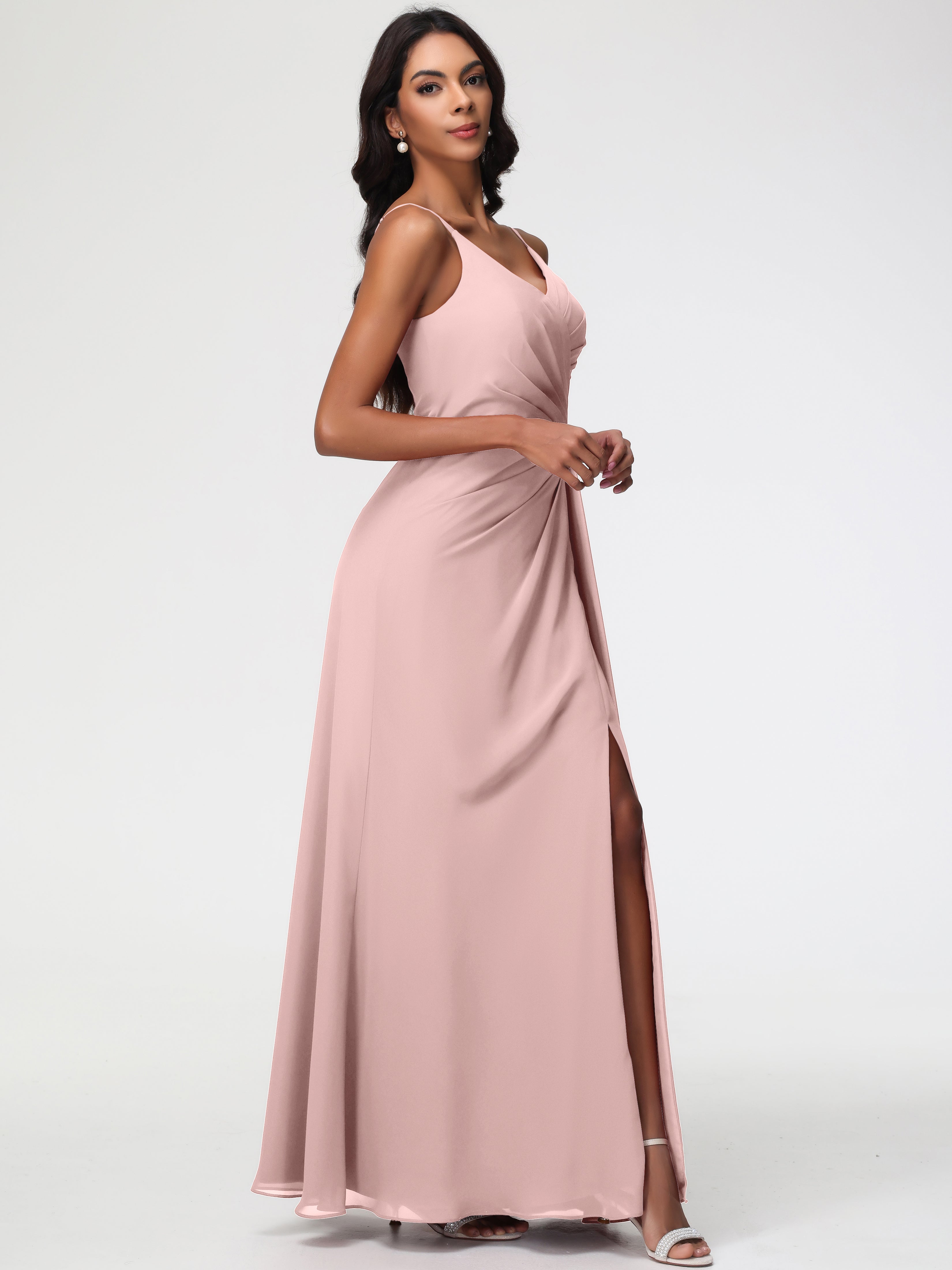 Robe Demoiselle D Honneur Rose Poudrée Bretelles Spaghetti Col V Mousseline Robe Demoiselle D'Honneur Longue Plissée