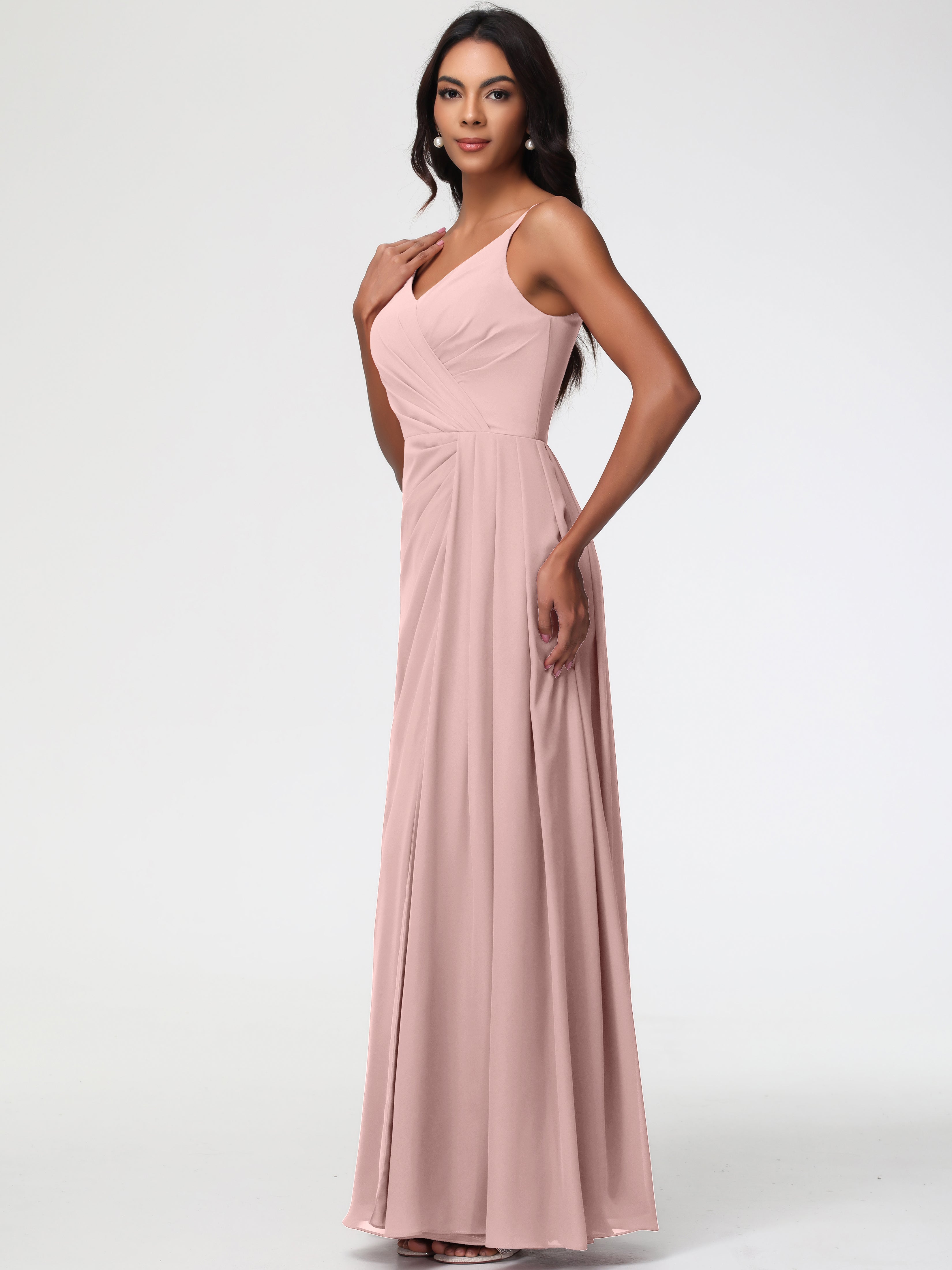Robe Demoiselle D Honneur Rose Poudrée Bretelles Spaghetti Col V Mousseline Robe Demoiselle D'Honneur Longue Plissée