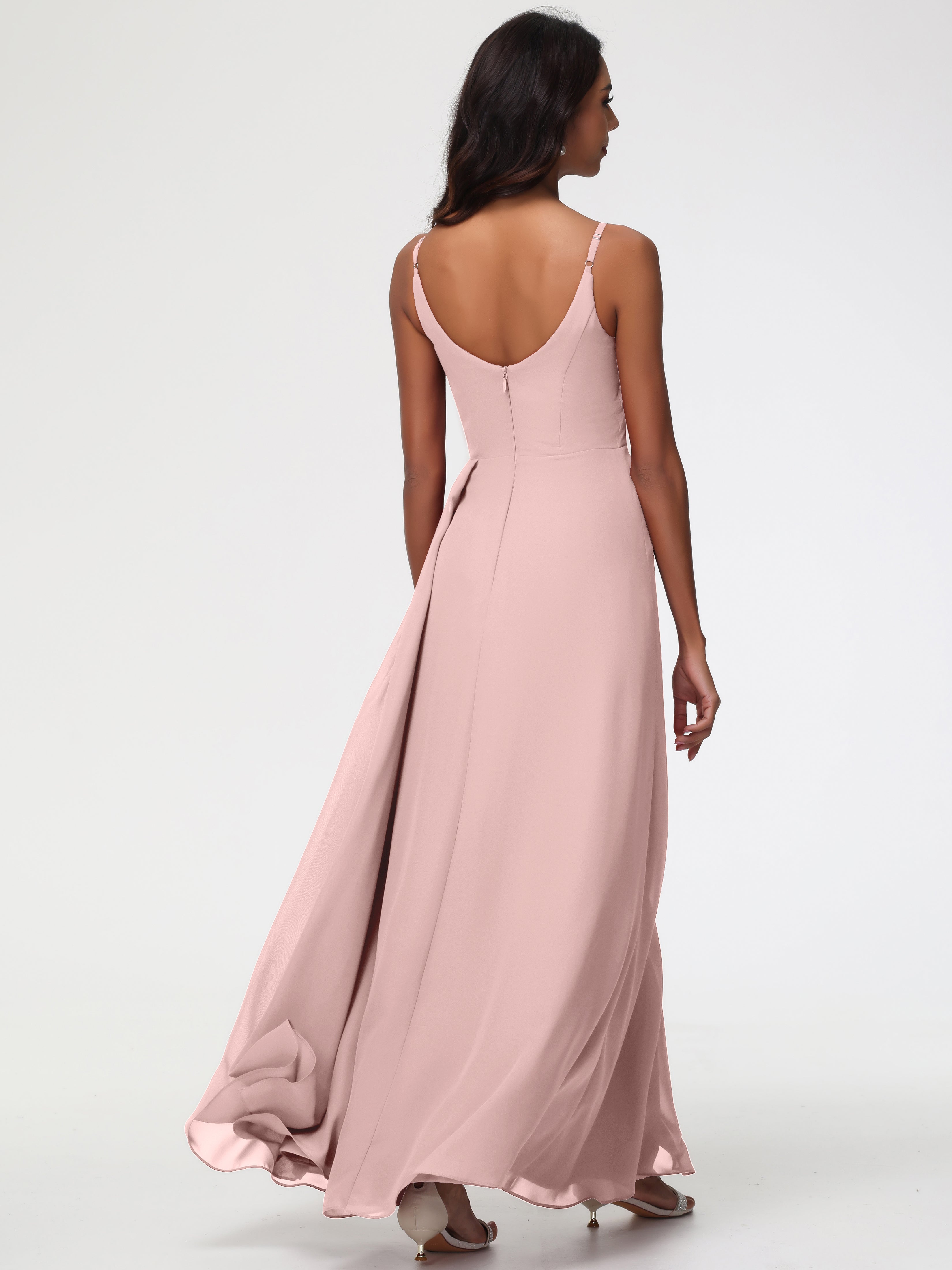 Robe Demoiselle D Honneur Rose Poudrée Bretelles Spaghetti Col V Mousseline Robe Demoiselle D'Honneur Longue Plissée