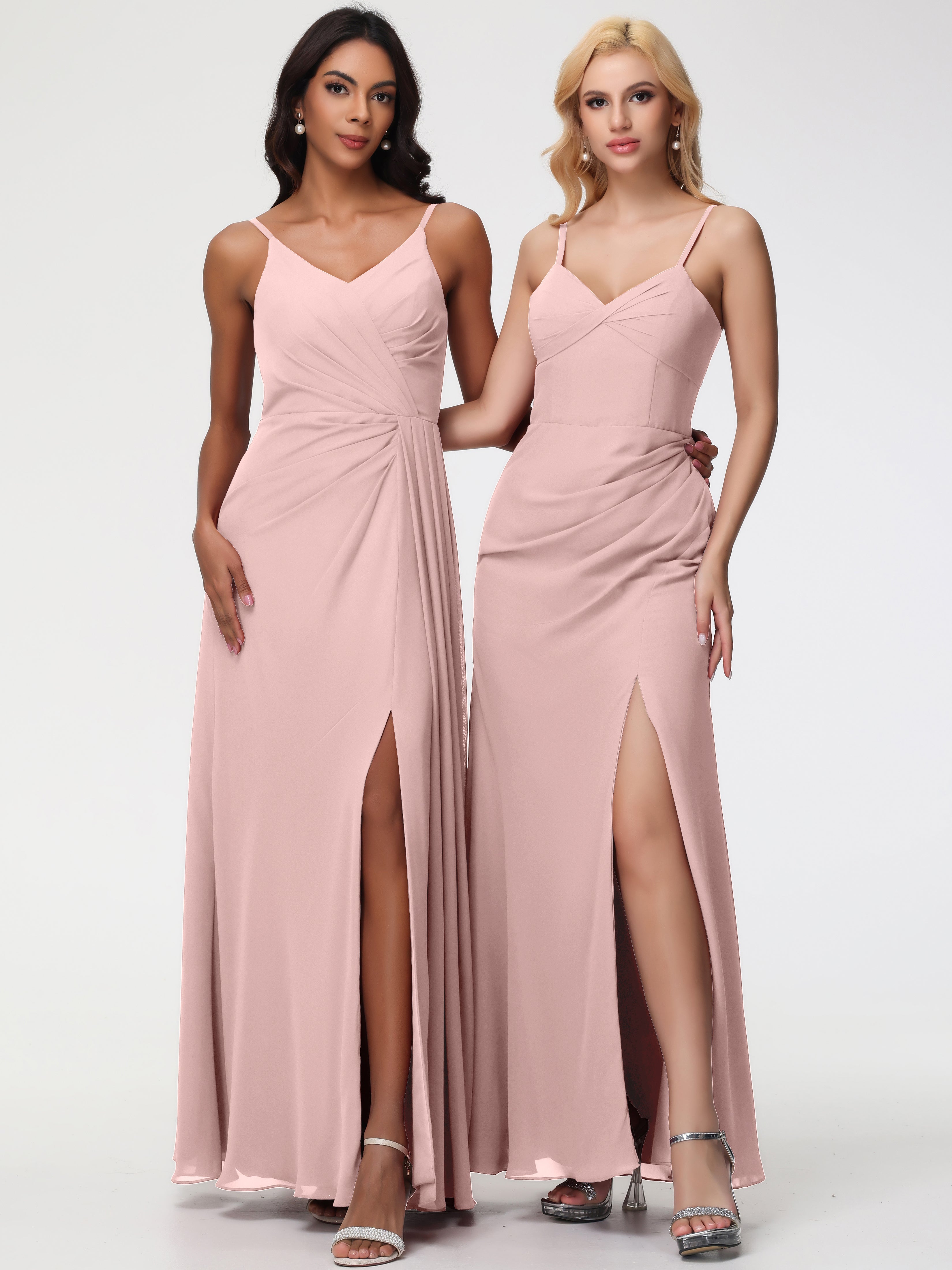 Robe Demoiselle D Honneur Rose Poudrée Bretelles Spaghetti Col V Mousseline Robe Demoiselle D'Honneur Longue Plissée