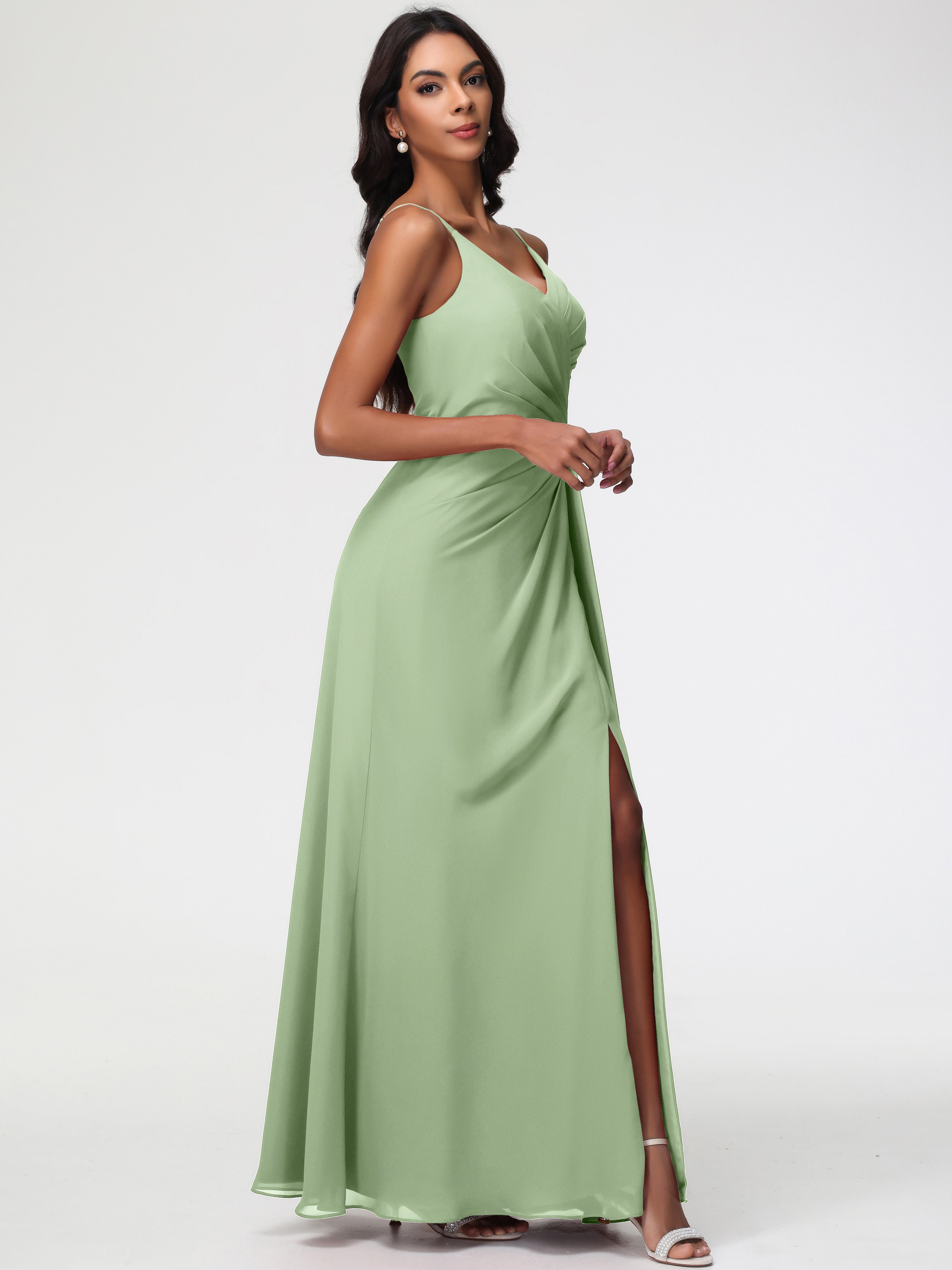 Robe Demoiselle D Honneur Sauge Poudré Bretelles Spaghetti Col V Mousseline Robe Demoiselle D'Honneur Longue Plissée