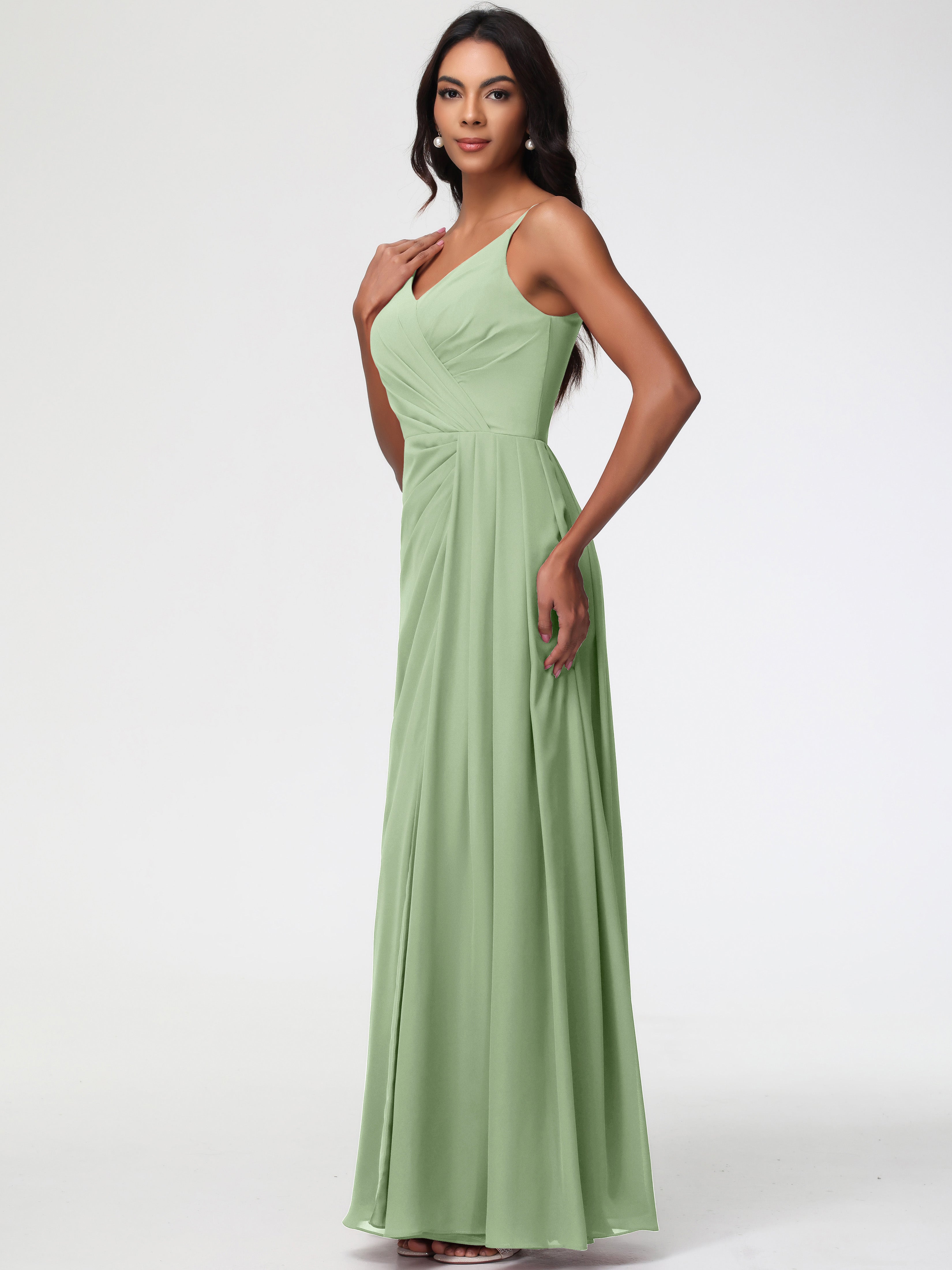 Robe Demoiselle D Honneur Sauge Poudré Bretelles Spaghetti Col V Mousseline Robe Demoiselle D'Honneur Longue Plissée