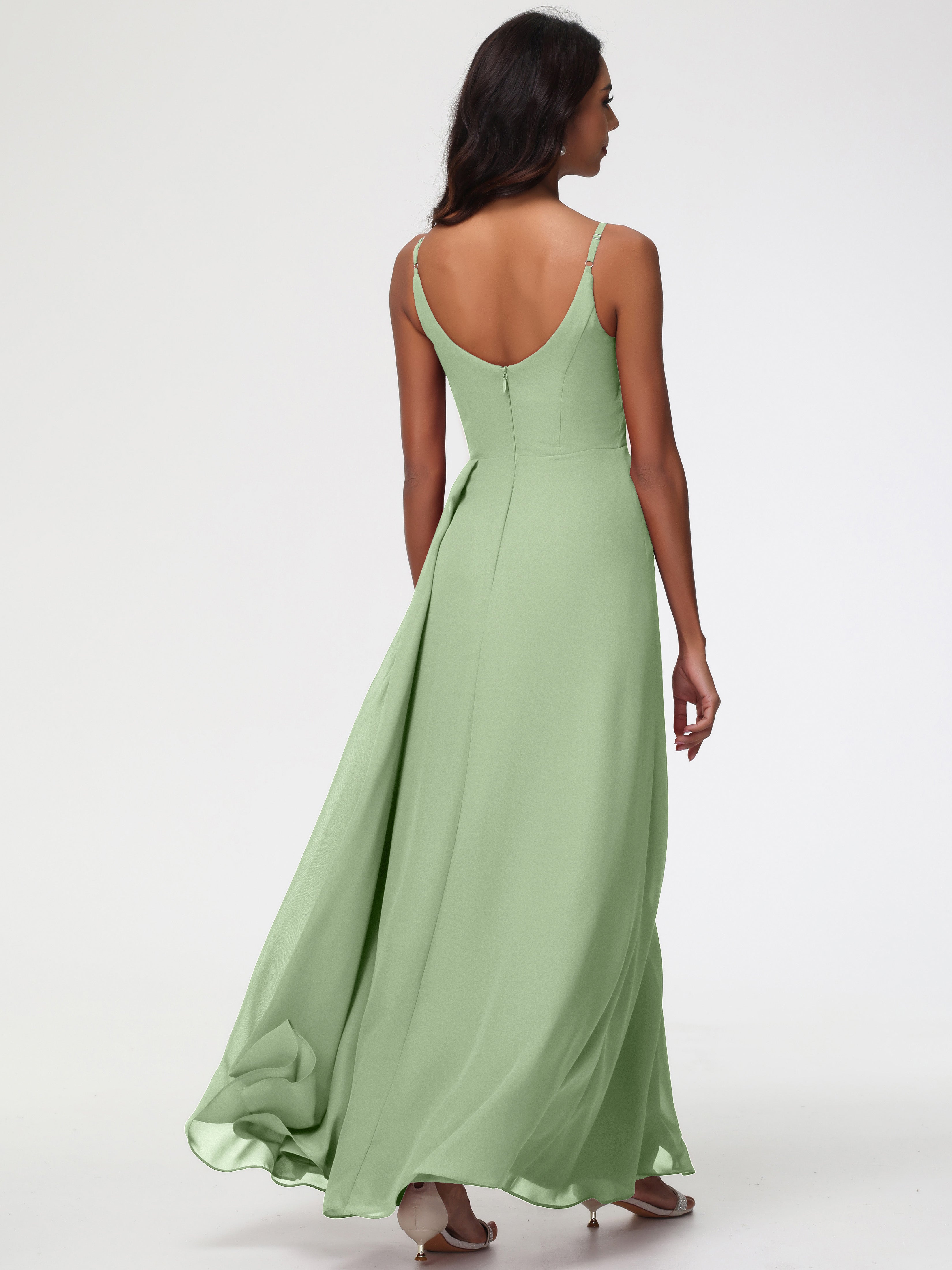 Robe Demoiselle D Honneur Sauge Poudré Bretelles Spaghetti Col V Mousseline Robe Demoiselle D'Honneur Longue Plissée