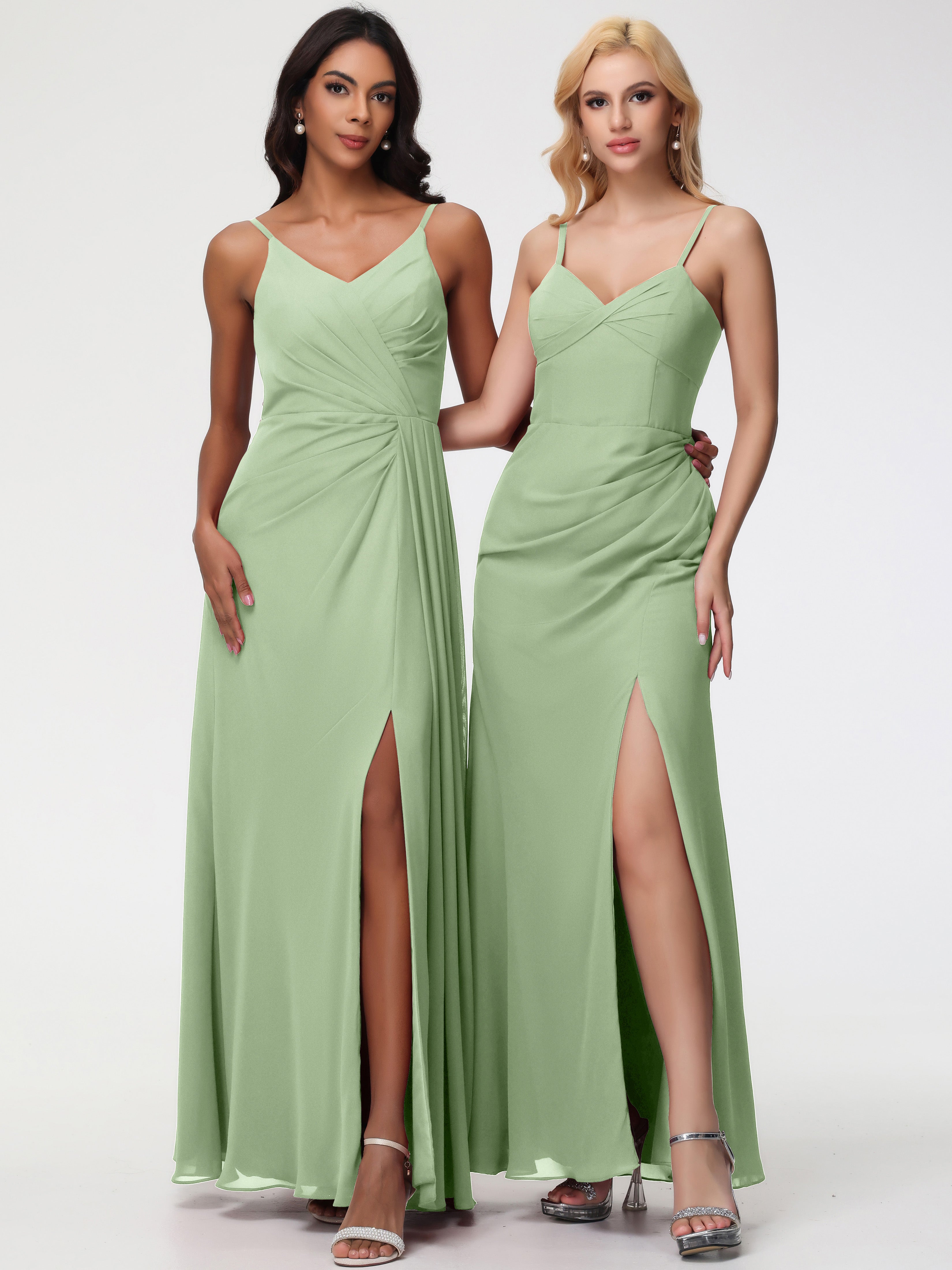 Robe Demoiselle D Honneur Sauge Poudré Bretelles Spaghetti Col V Mousseline Robe Demoiselle D'Honneur Longue Plissée
