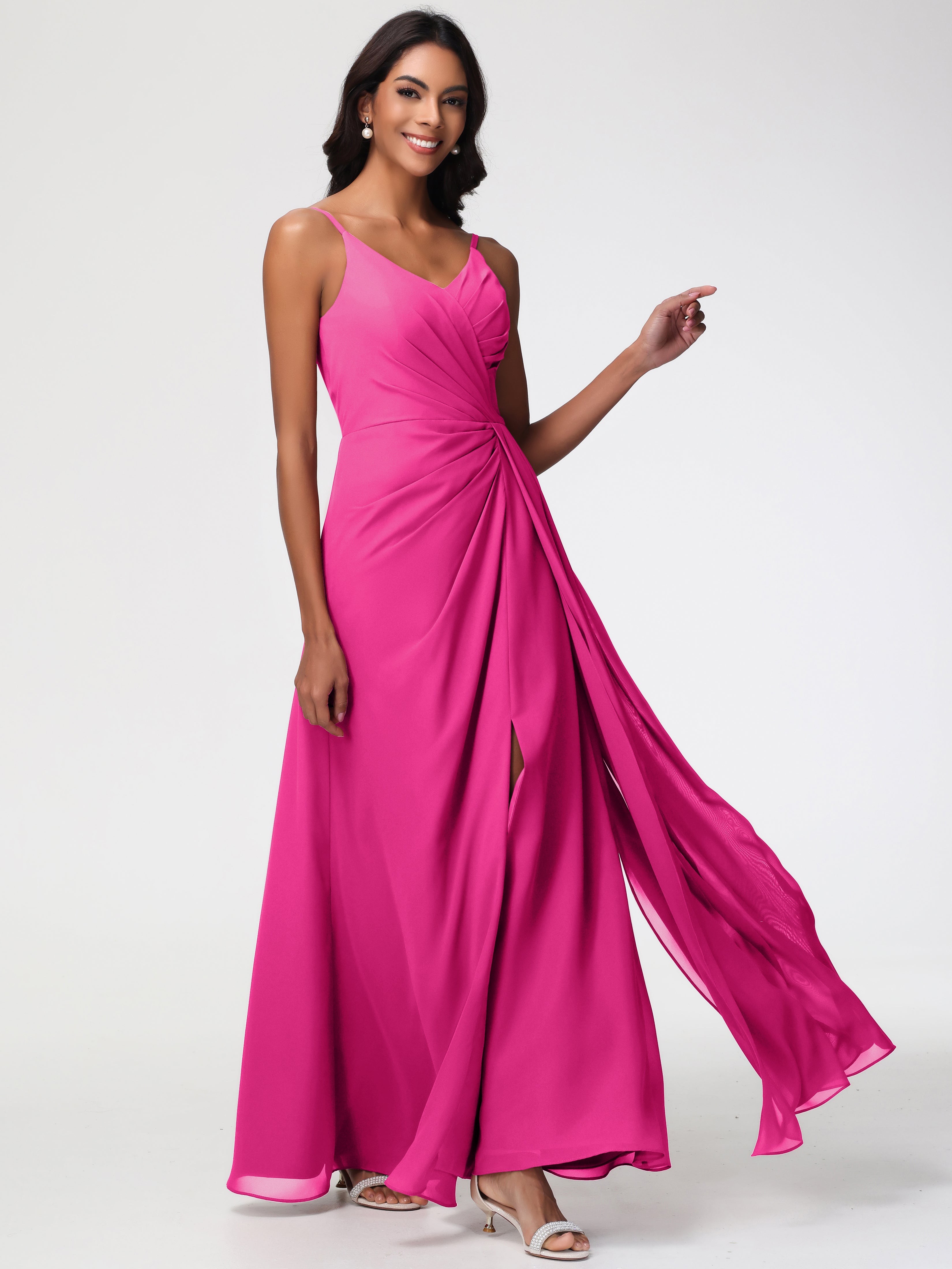 Robe Rose Fuchsia Demoiselle D Honneur Bretelles Spaghetti Col V Mousseline Robe Demoiselle D'Honneur Longue Plissée