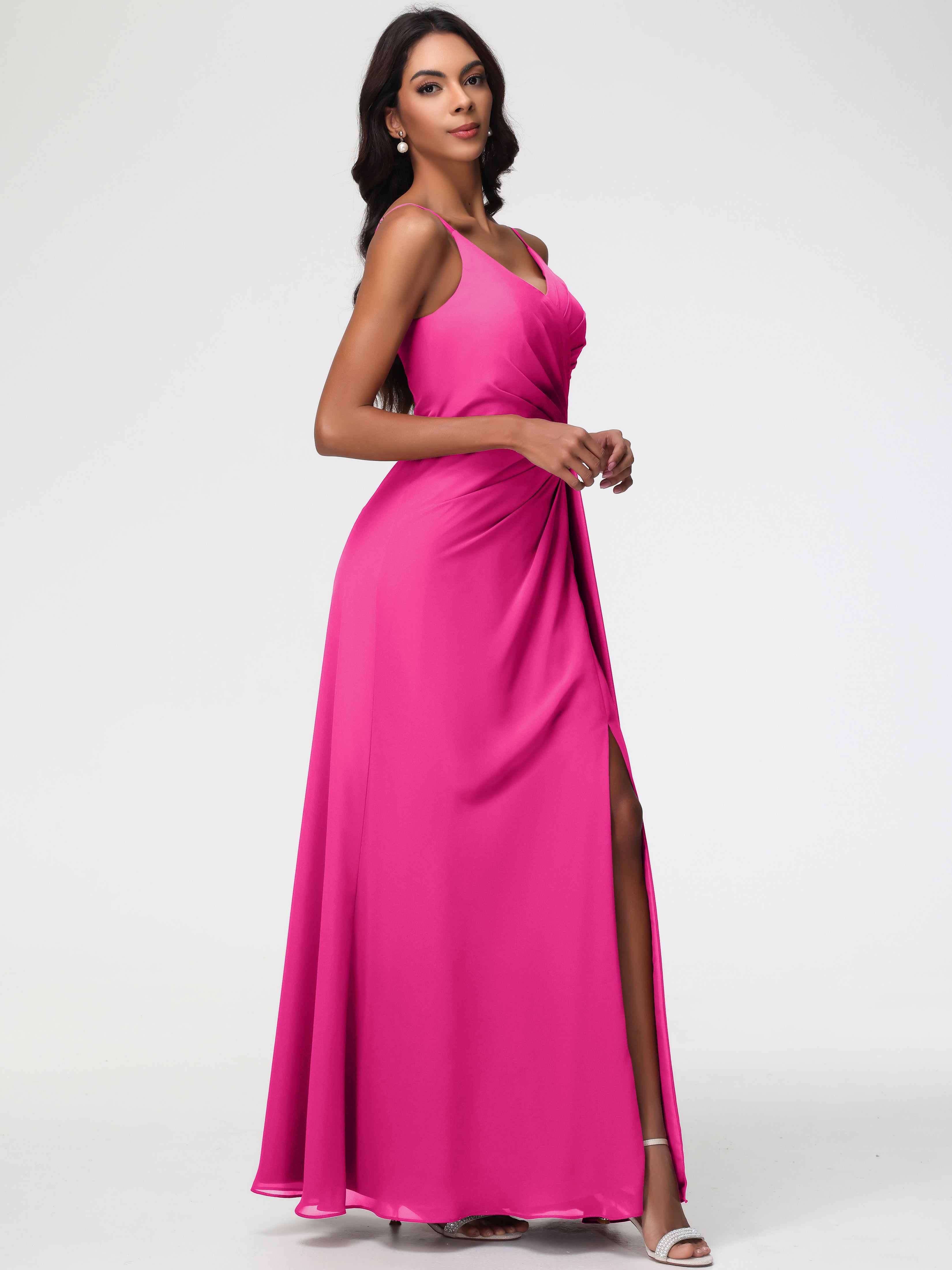 Robe Rose Fuchsia Demoiselle D Honneur Bretelles Spaghetti Col V Mousseline Robe Demoiselle D'Honneur Longue Plissée