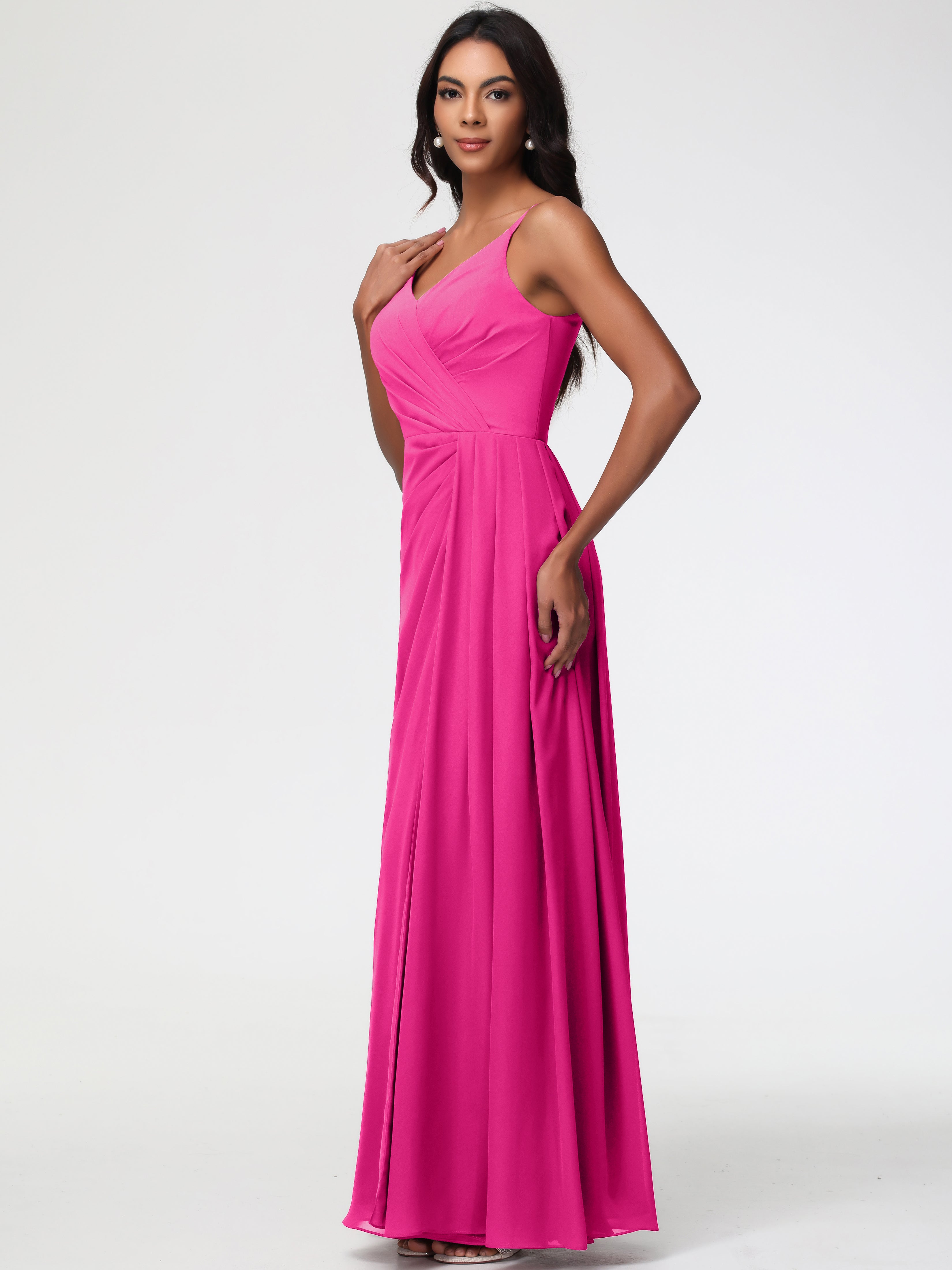Robe Rose Fuchsia Demoiselle D Honneur Bretelles Spaghetti Col V Mousseline Robe Demoiselle D'Honneur Longue Plissée