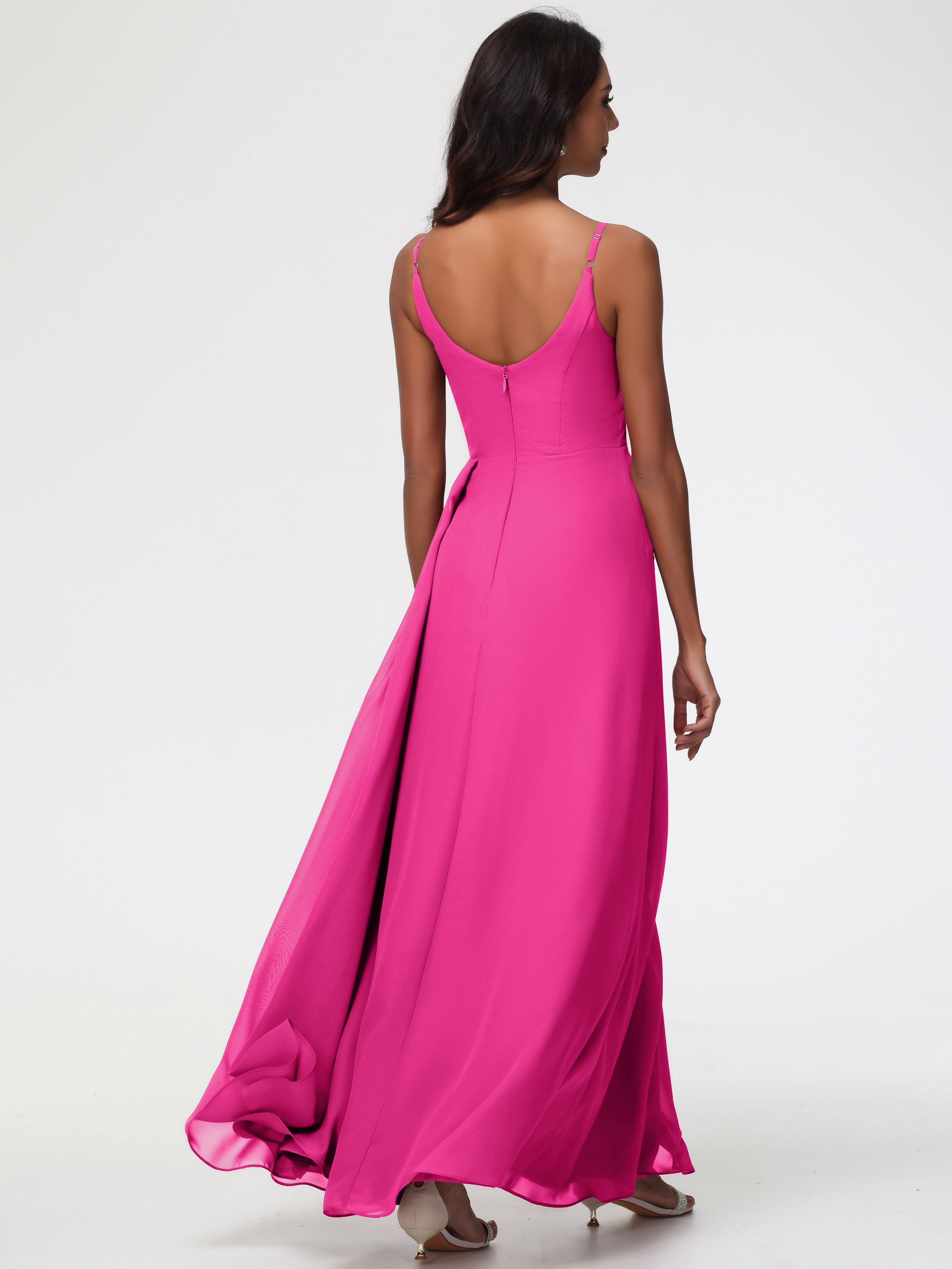 Robe Rose Fuchsia Demoiselle D Honneur Bretelles Spaghetti Col V Mousseline Robe Demoiselle D'Honneur Longue Plissée