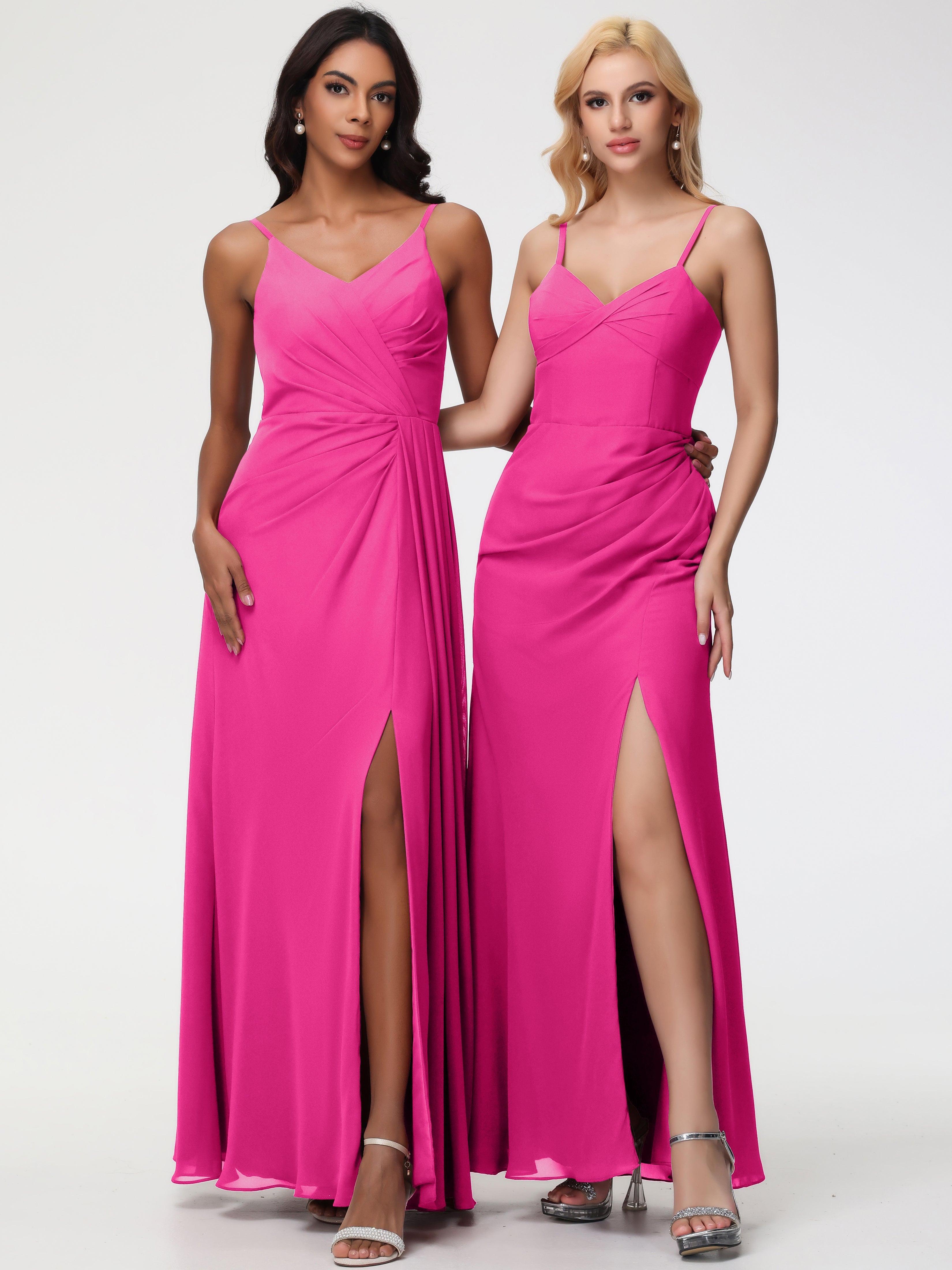 Robe Rose Fuchsia Demoiselle D Honneur Bretelles Spaghetti Col V Mousseline Robe Demoiselle D'Honneur Longue Plissée