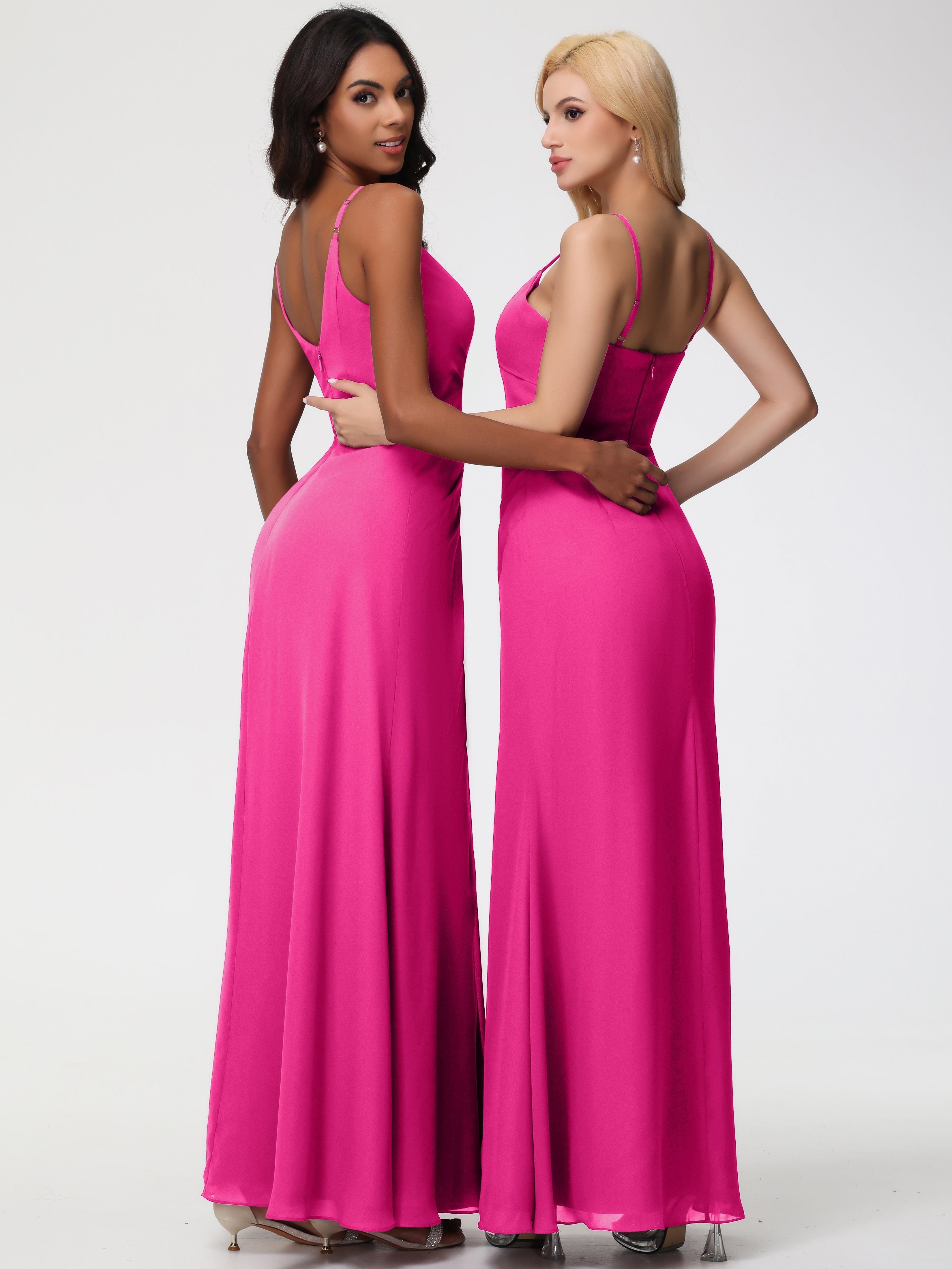 Robe Rose Fuchsia Demoiselle D Honneur Bretelles Spaghetti Col V Mousseline Robe Demoiselle D'Honneur Longue Plissée
