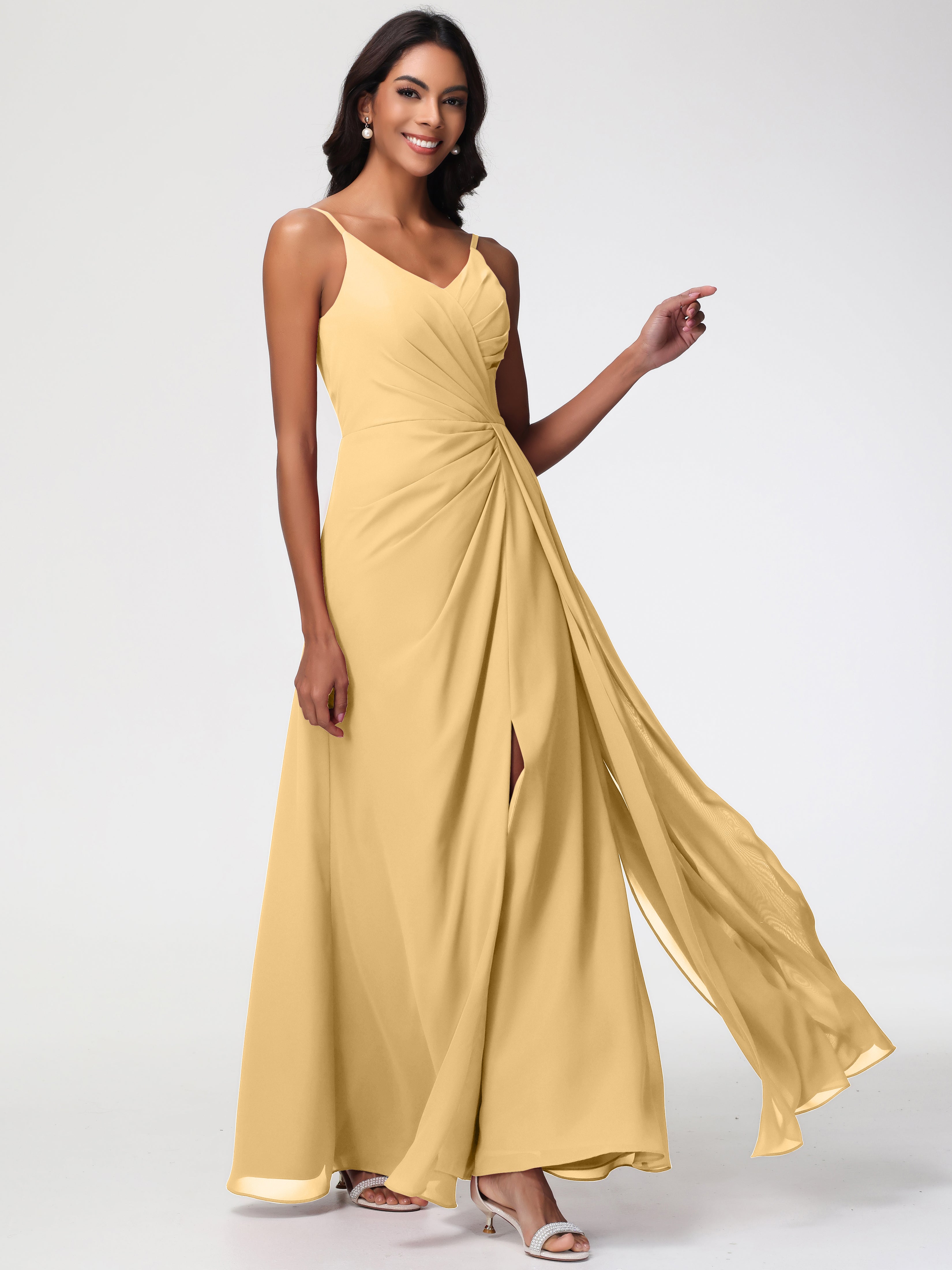 Robe Dorée Demoiselle D Honneur Bretelles Spaghetti Col V Mousseline Robe Demoiselle D'Honneur Longue Plissée