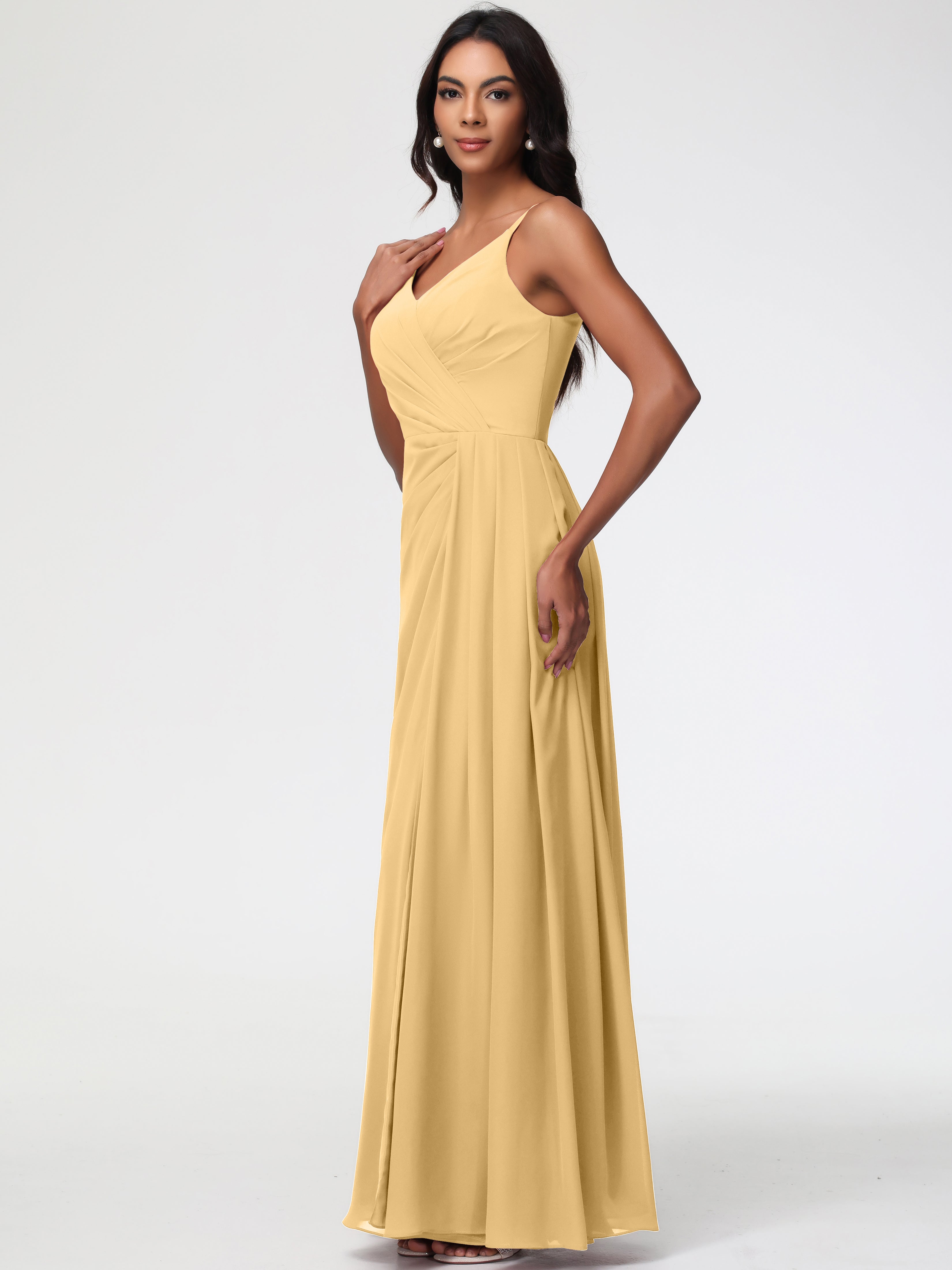 Robe Dorée Demoiselle D Honneur Bretelles Spaghetti Col V Mousseline Robe Demoiselle D'Honneur Longue Plissée