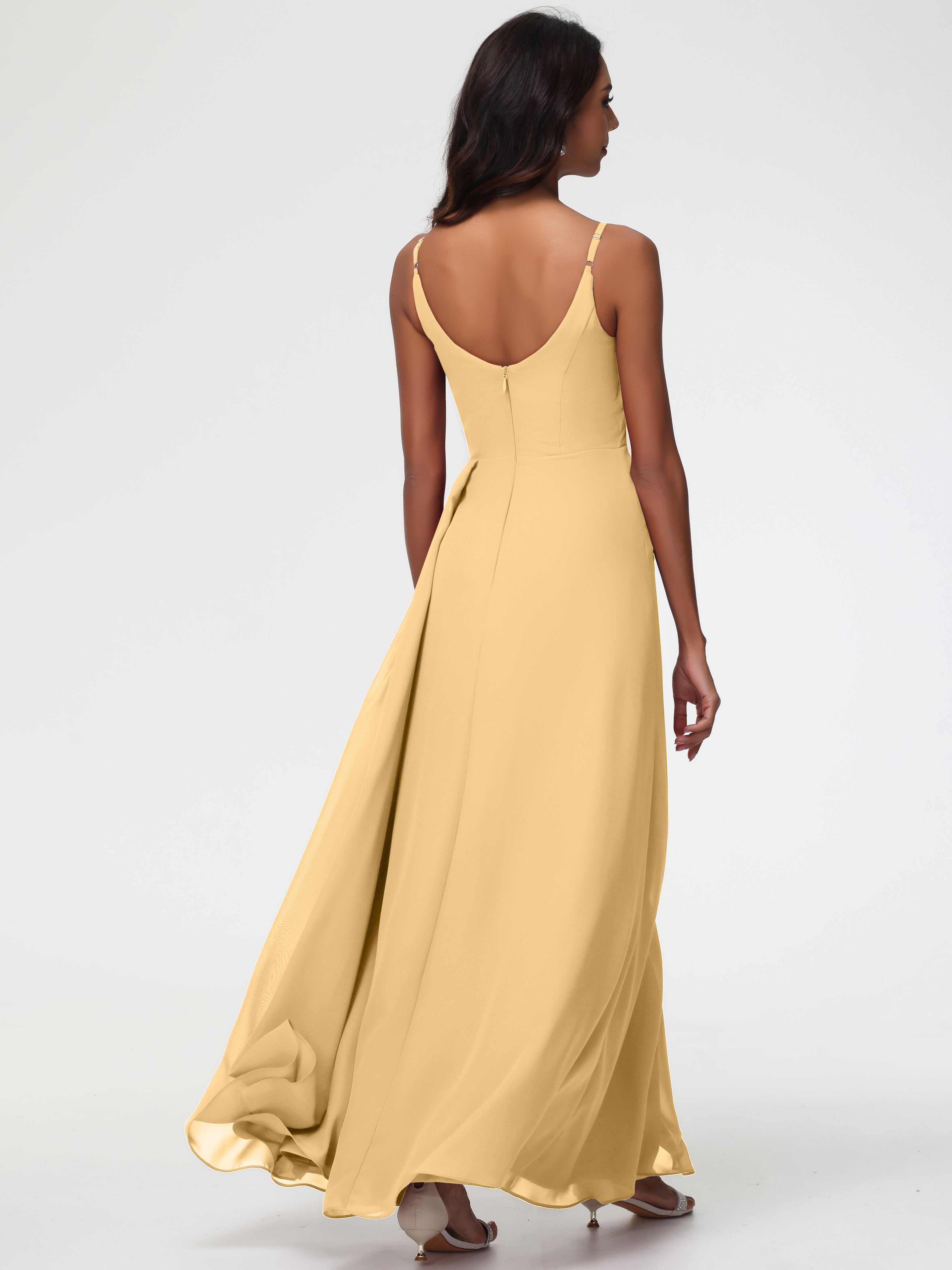 Robe Dorée Demoiselle D Honneur Bretelles Spaghetti Col V Mousseline Robe Demoiselle D'Honneur Longue Plissée