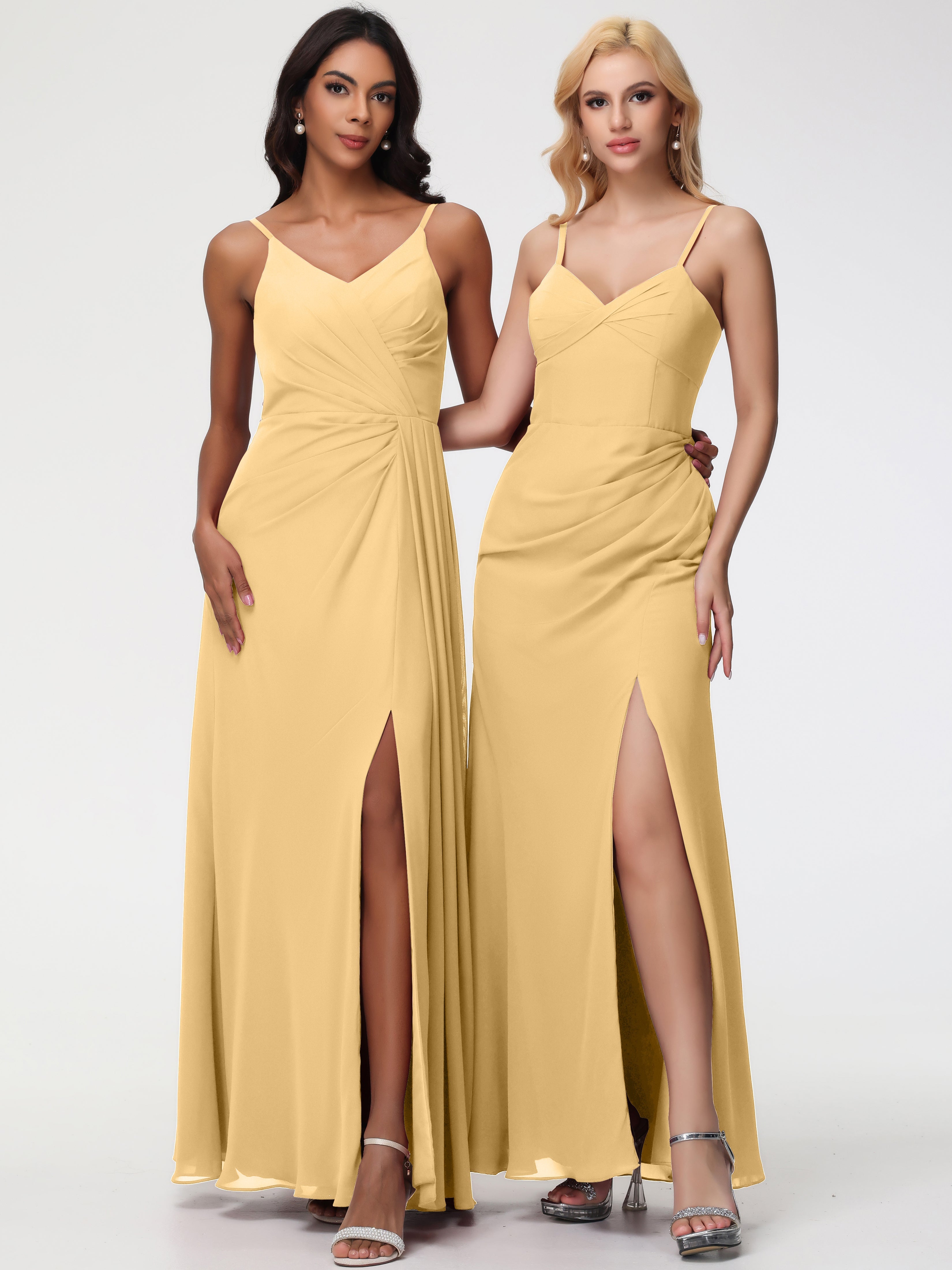Robe Dorée Demoiselle D Honneur Bretelles Spaghetti Col V Mousseline Robe Demoiselle D'Honneur Longue Plissée