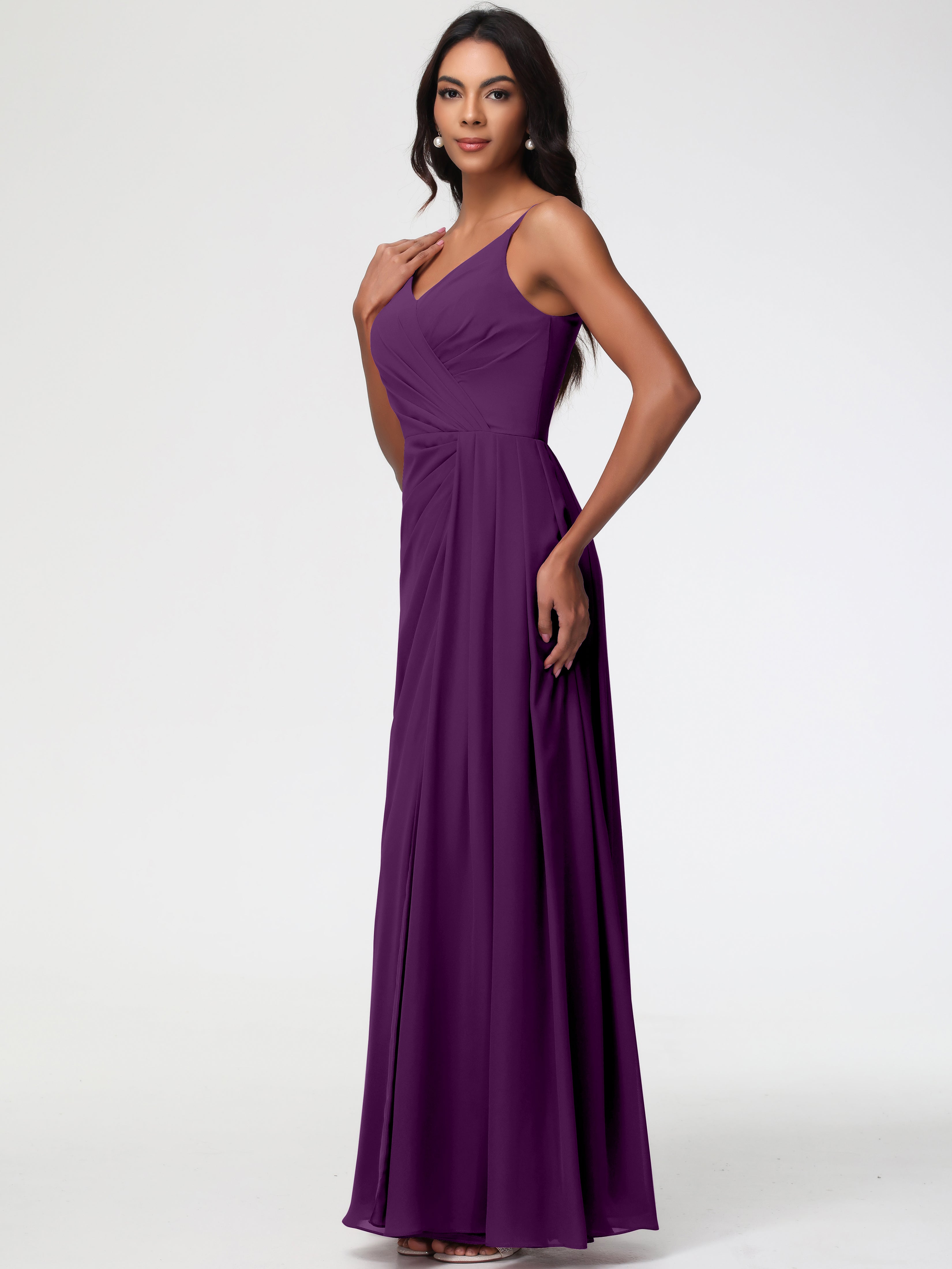 Robes De Demoiselle D'Honneur En Raisin Bretelles Spaghetti Col V Mousseline Robe Demoiselle D'Honneur Longue Plissée