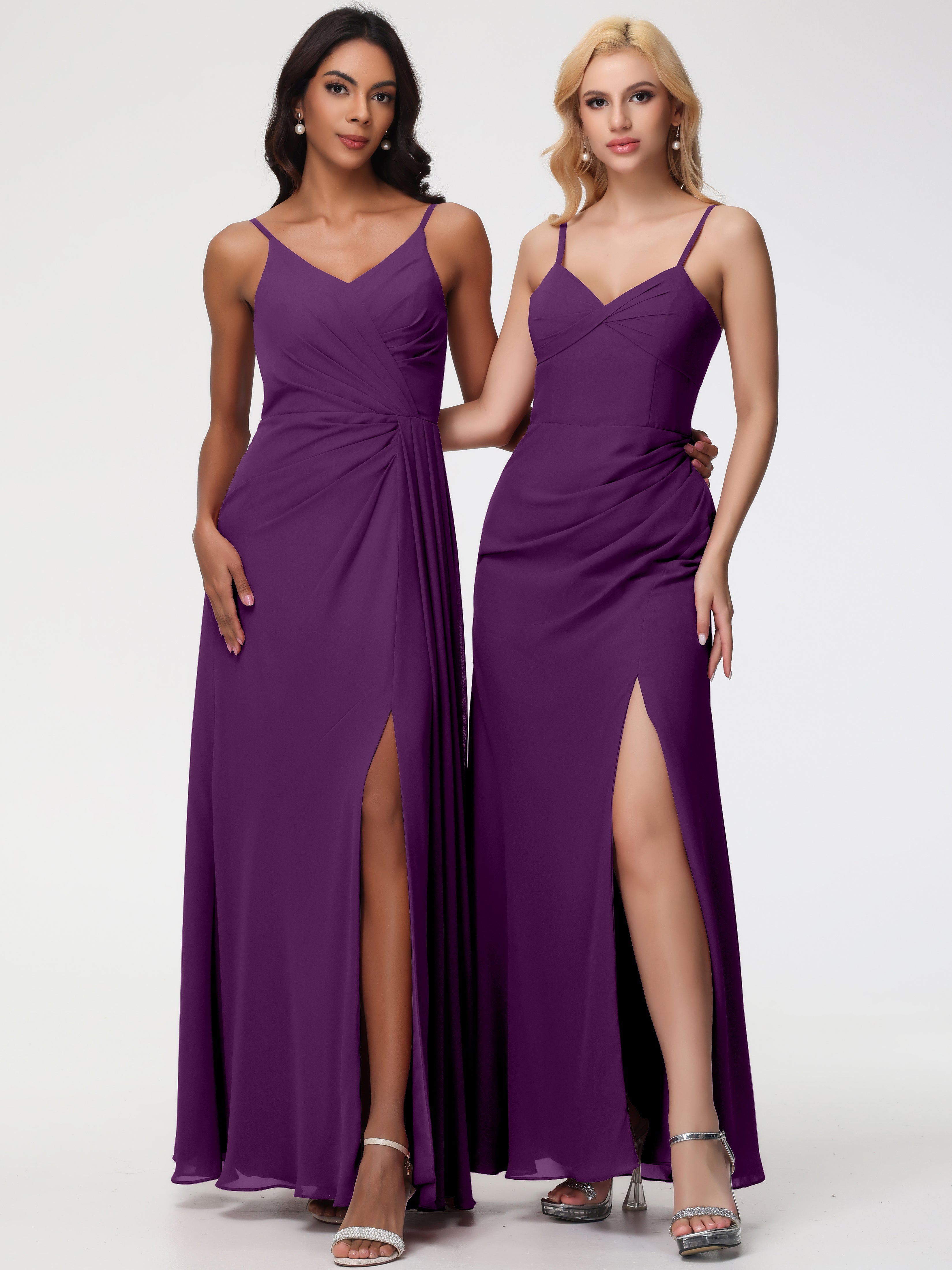 Robes De Demoiselle D'Honneur En Raisin Bretelles Spaghetti Col V Mousseline Robe Demoiselle D'Honneur Longue Plissée