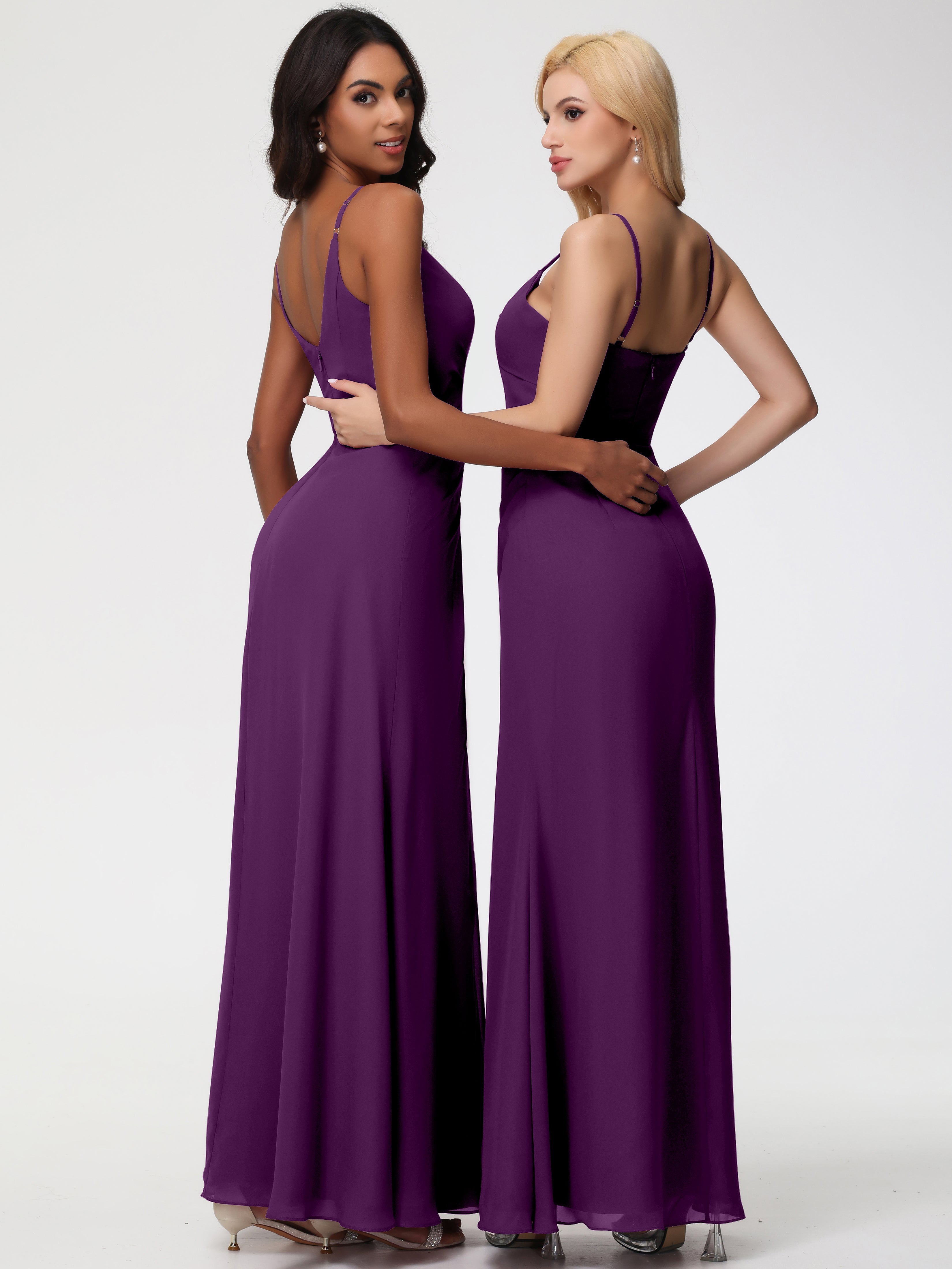 Robes De Demoiselle D'Honneur En Raisin Bretelles Spaghetti Col V Mousseline Robe Demoiselle D'Honneur Longue Plissée