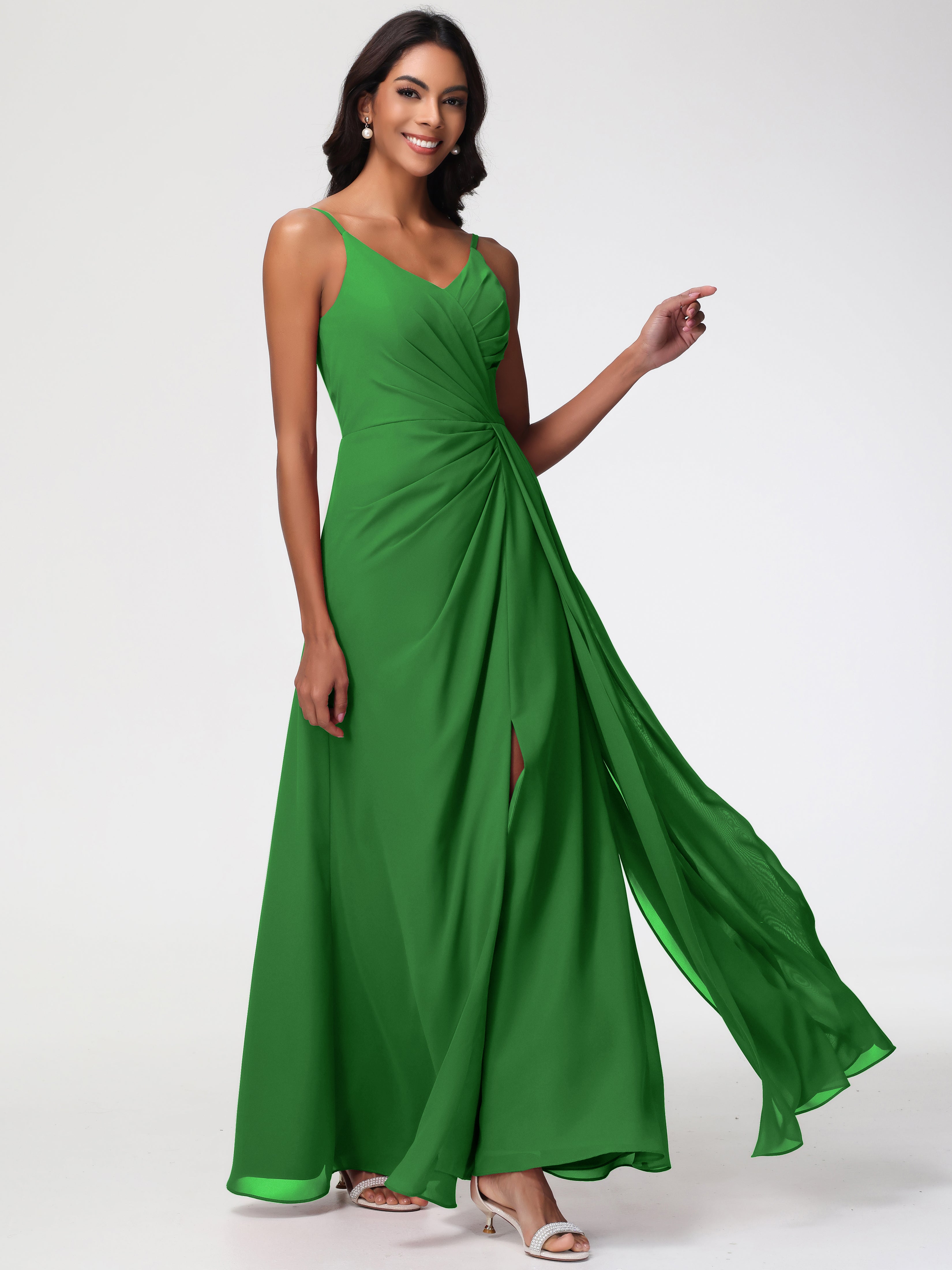 Demoiselle D Honneur Vert Bretelles Spaghetti Col V Mousseline Robe Demoiselle D'Honneur Longue Plissée
