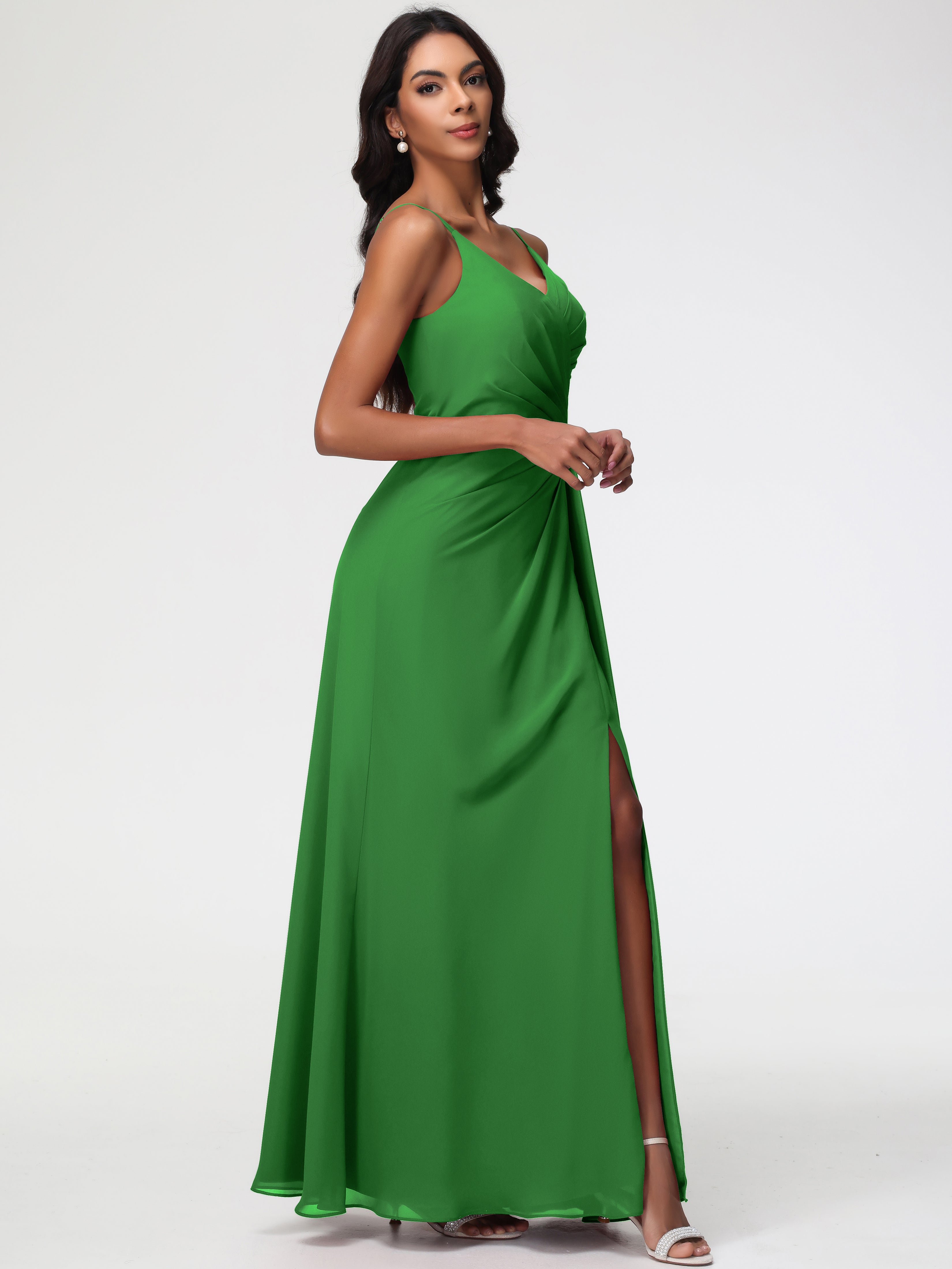 Demoiselle D Honneur Vert Bretelles Spaghetti Col V Mousseline Robe Demoiselle D'Honneur Longue Plissée