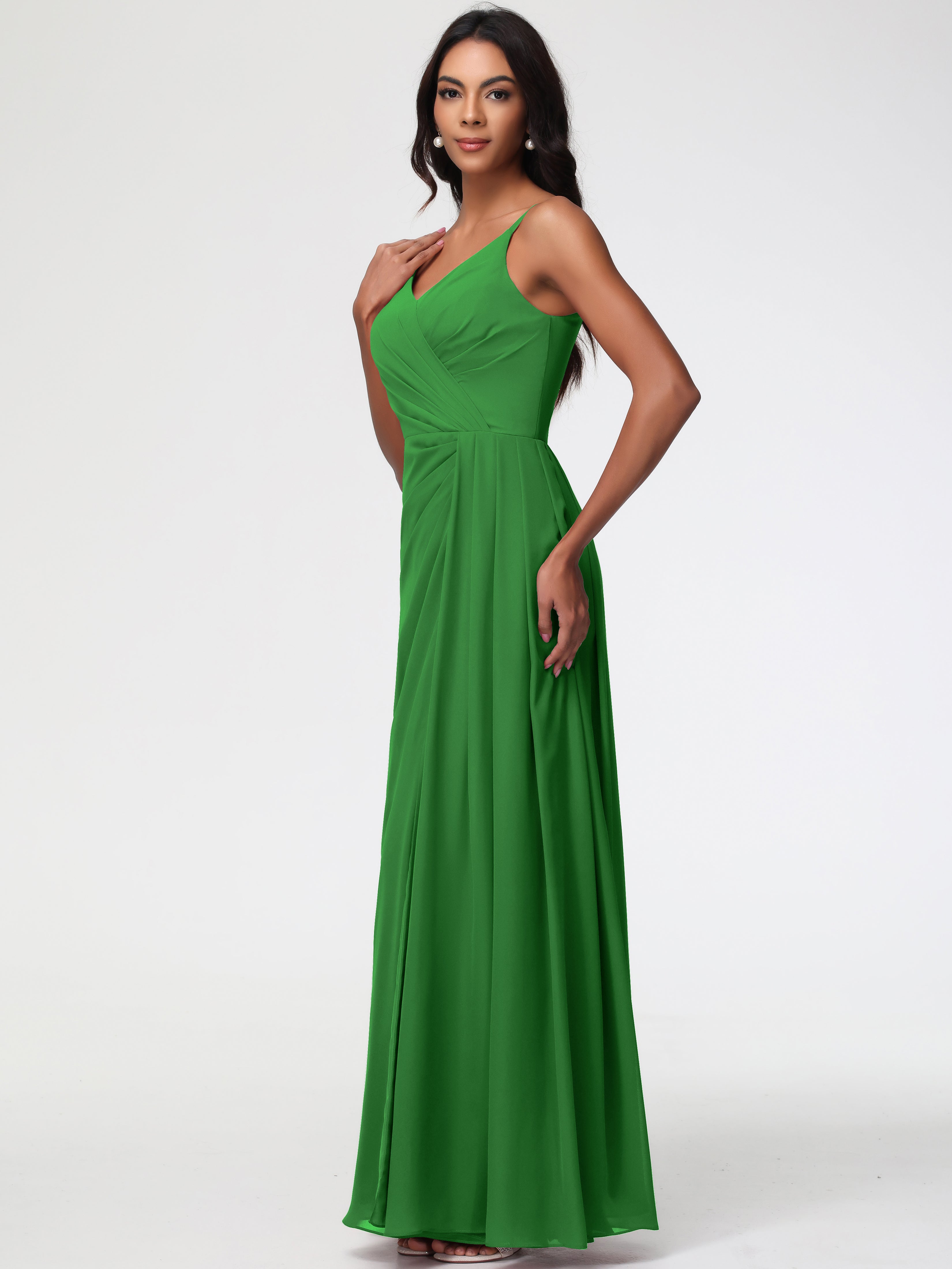 Demoiselle D Honneur Vert Bretelles Spaghetti Col V Mousseline Robe Demoiselle D'Honneur Longue Plissée