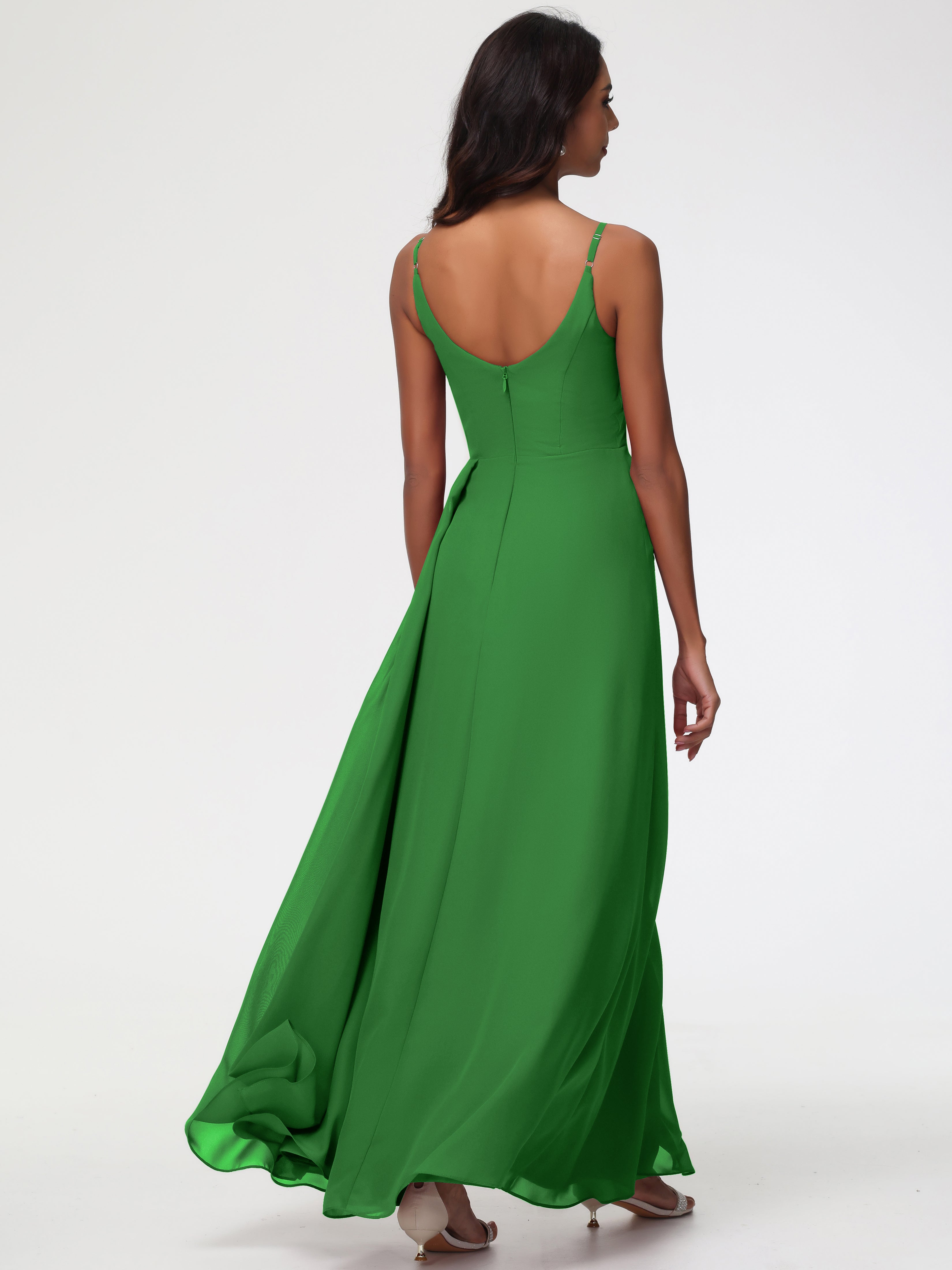 Demoiselle D Honneur Vert Bretelles Spaghetti Col V Mousseline Robe Demoiselle D'Honneur Longue Plissée