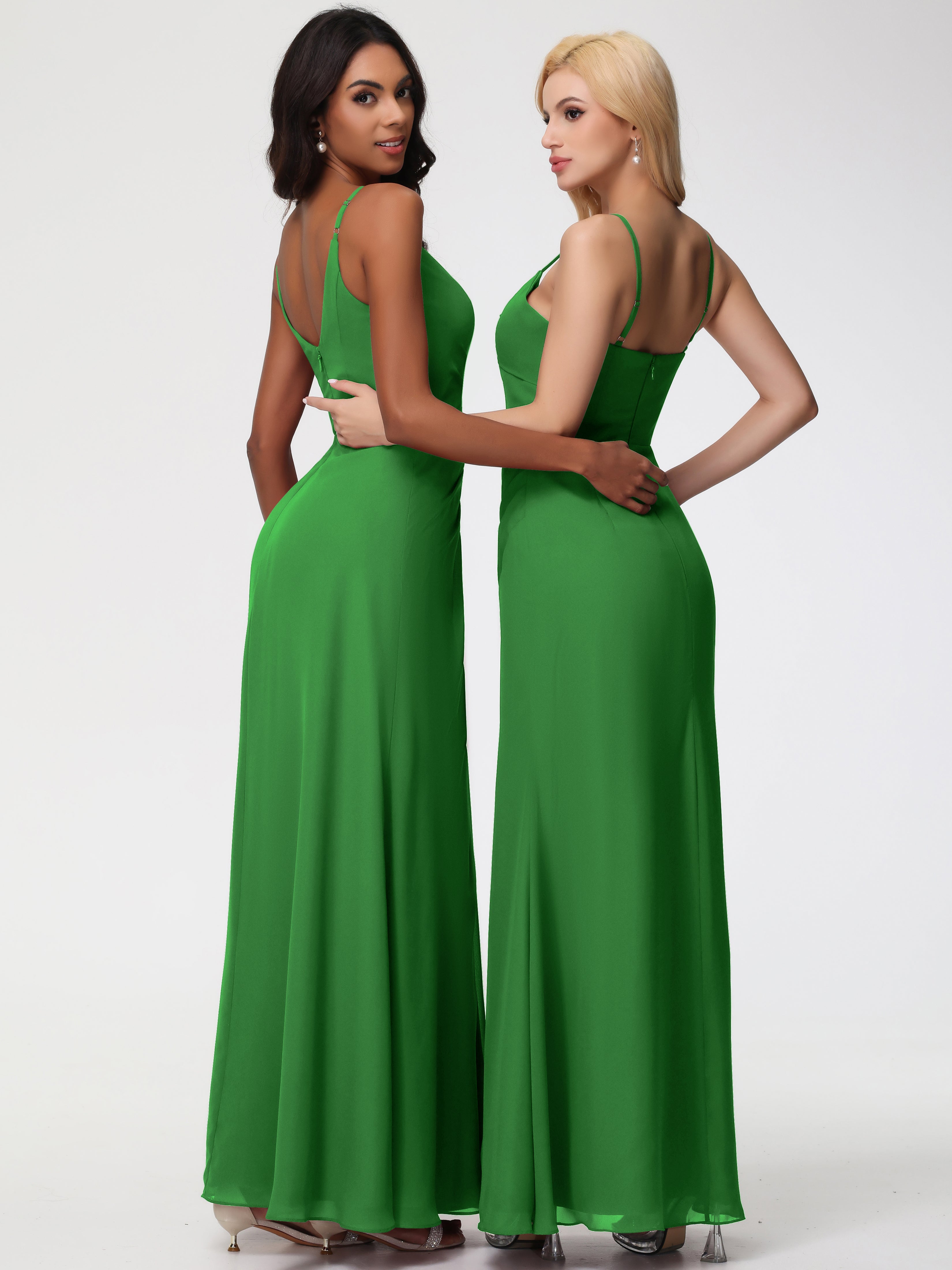 Demoiselle D Honneur Vert Bretelles Spaghetti Col V Mousseline Robe Demoiselle D'Honneur Longue Plissée