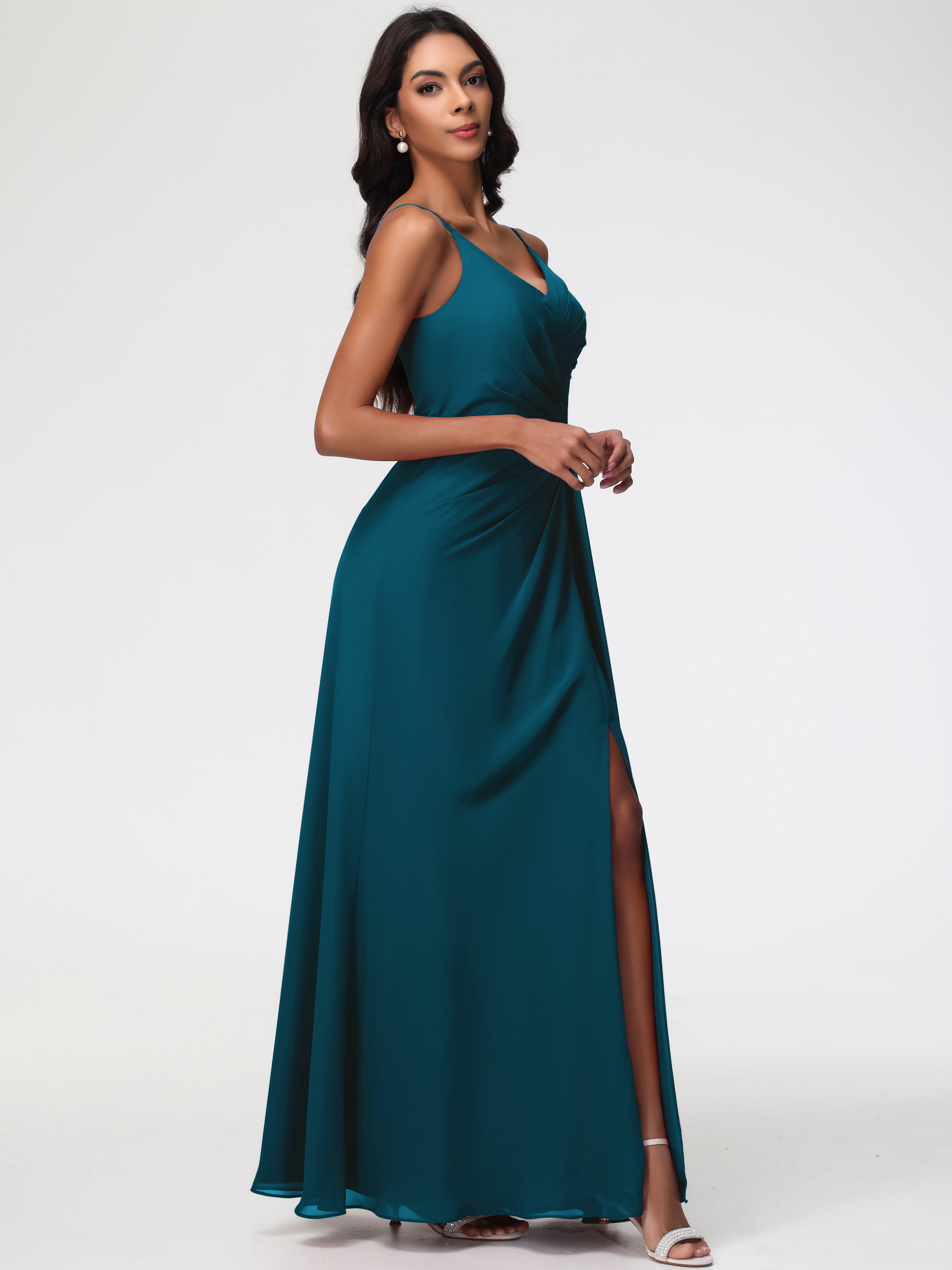 Robe De Demoiselle D'Honneur Bleu Encre Bretelles Spaghetti Col V Mousseline Robe Demoiselle D'Honneur Longue Plissée
