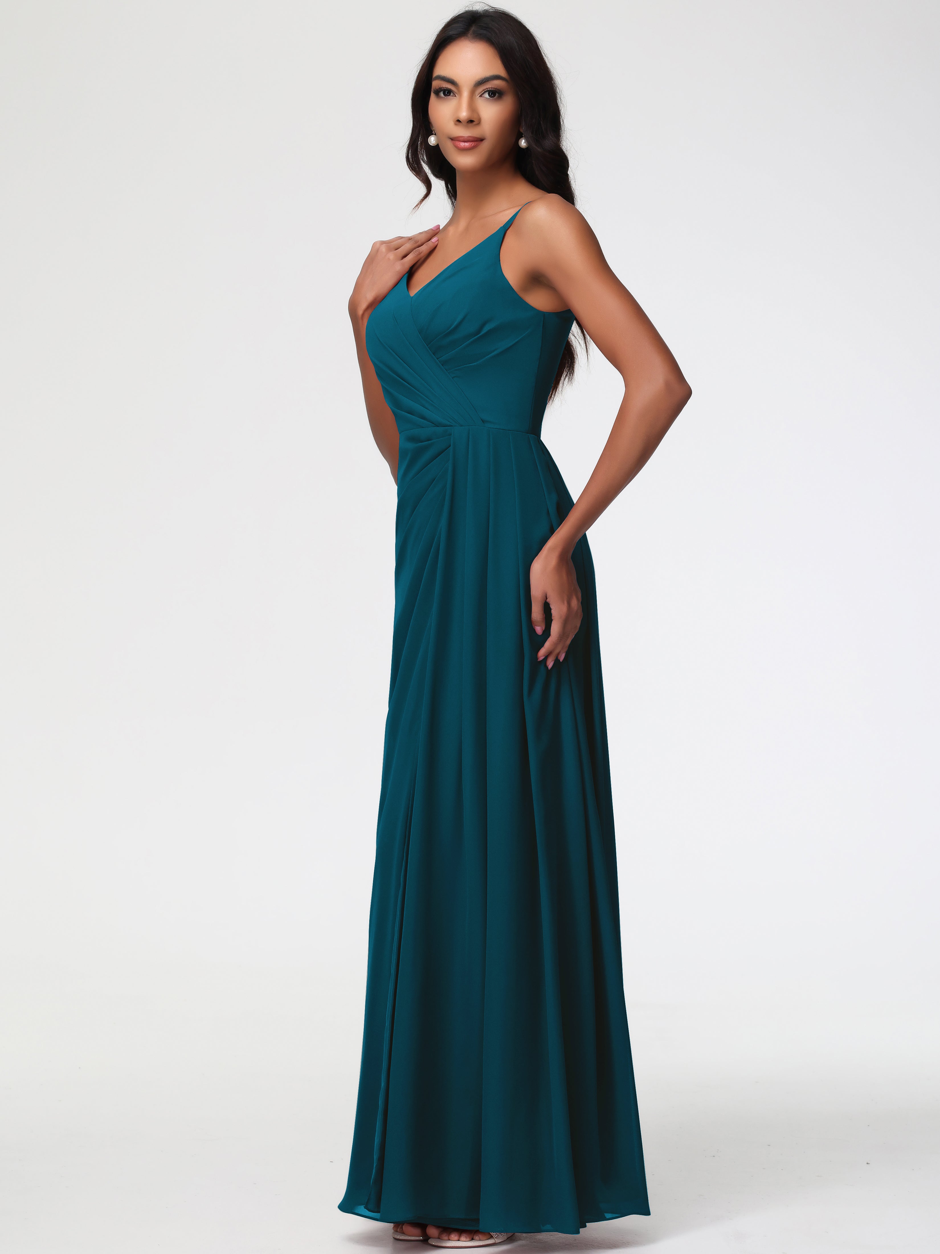 Robe De Demoiselle D'Honneur Bleu Encre Bretelles Spaghetti Col V Mousseline Robe Demoiselle D'Honneur Longue Plissée