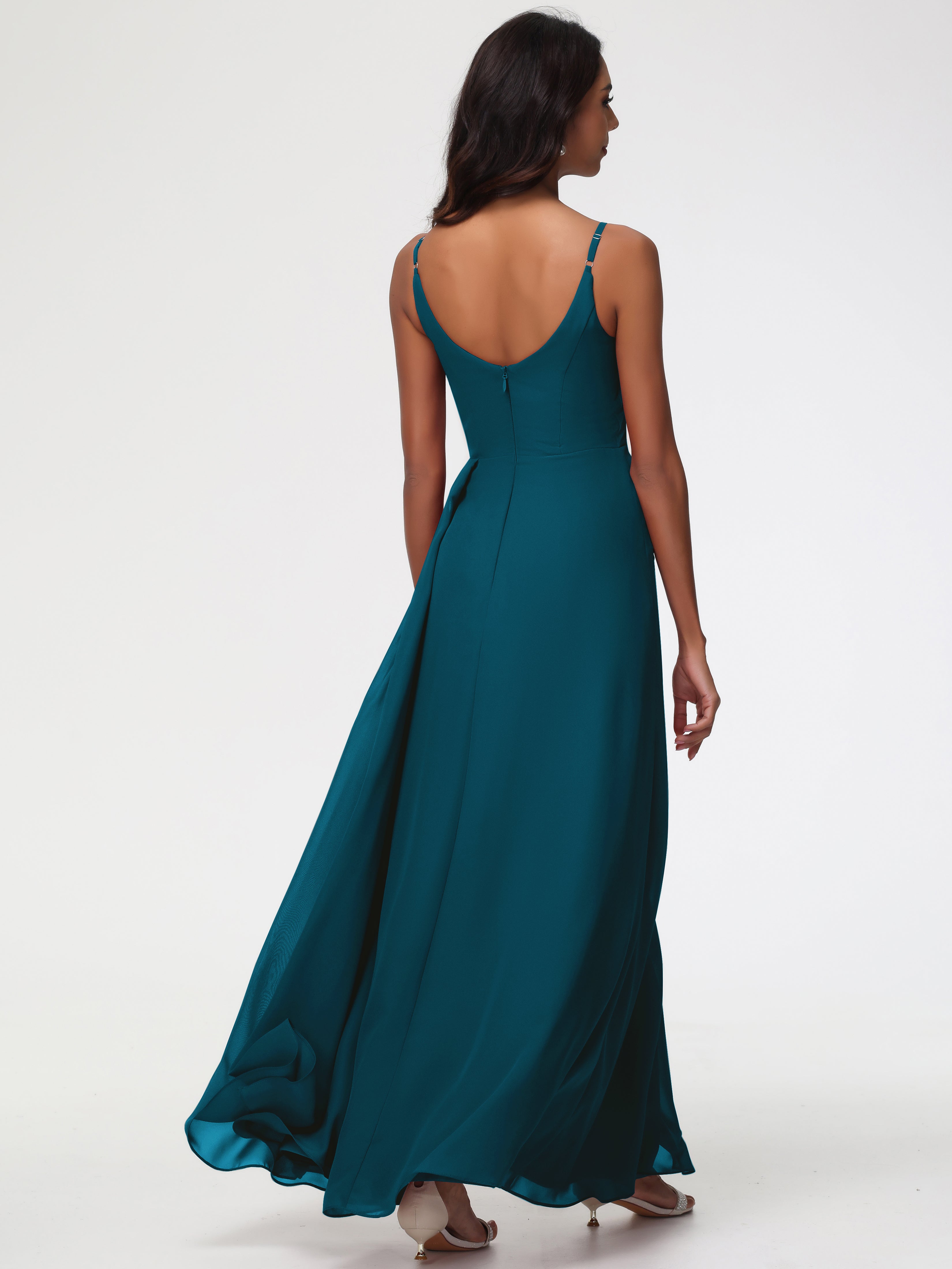 Robe De Demoiselle D'Honneur Bleu Encre Bretelles Spaghetti Col V Mousseline Robe Demoiselle D'Honneur Longue Plissée