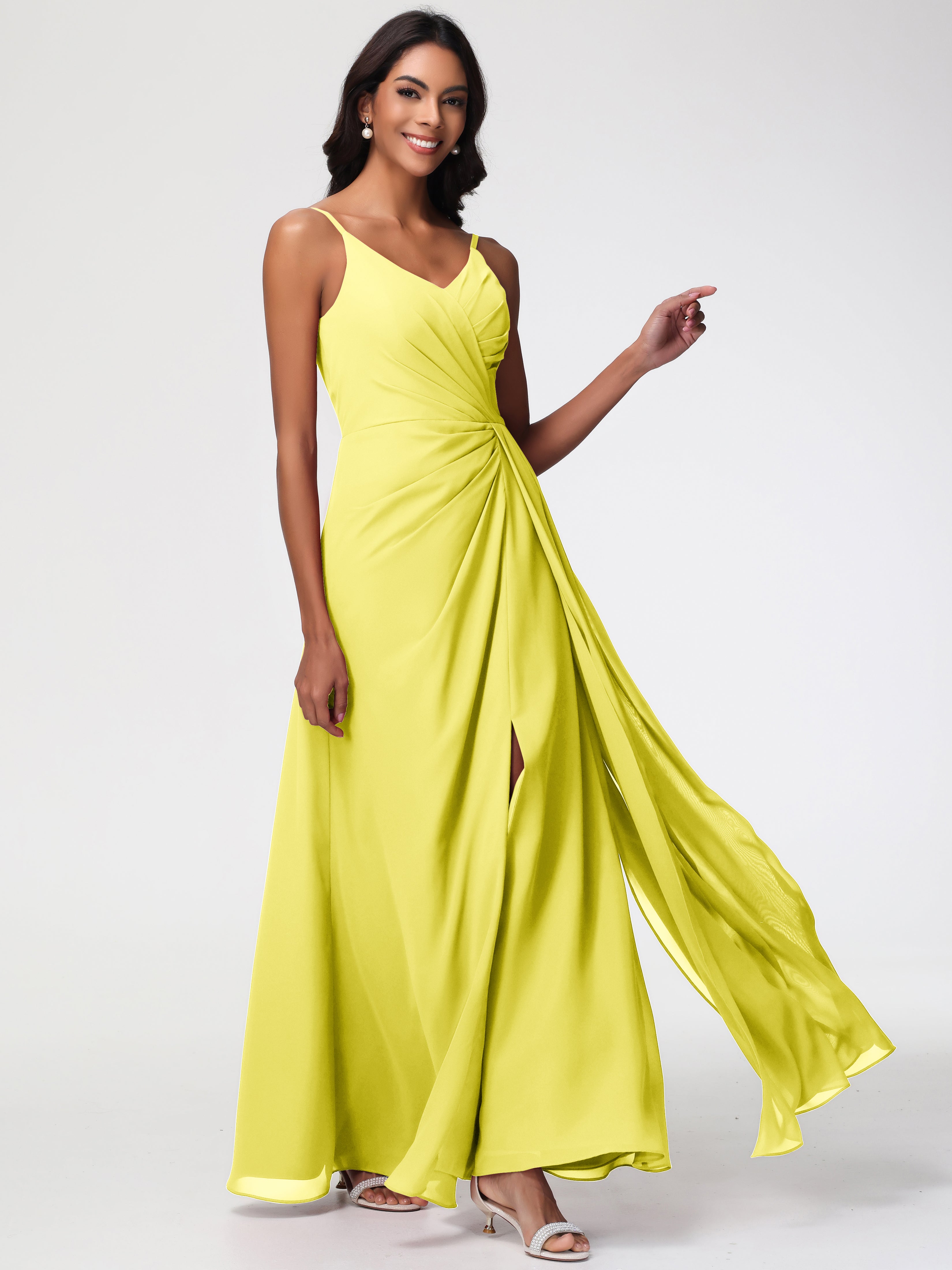 Robe Demoiselle D Honneur Jaune Citron Bretelles Spaghetti Col V Mousseline Robe Demoiselle D'Honneur Longue Plissée