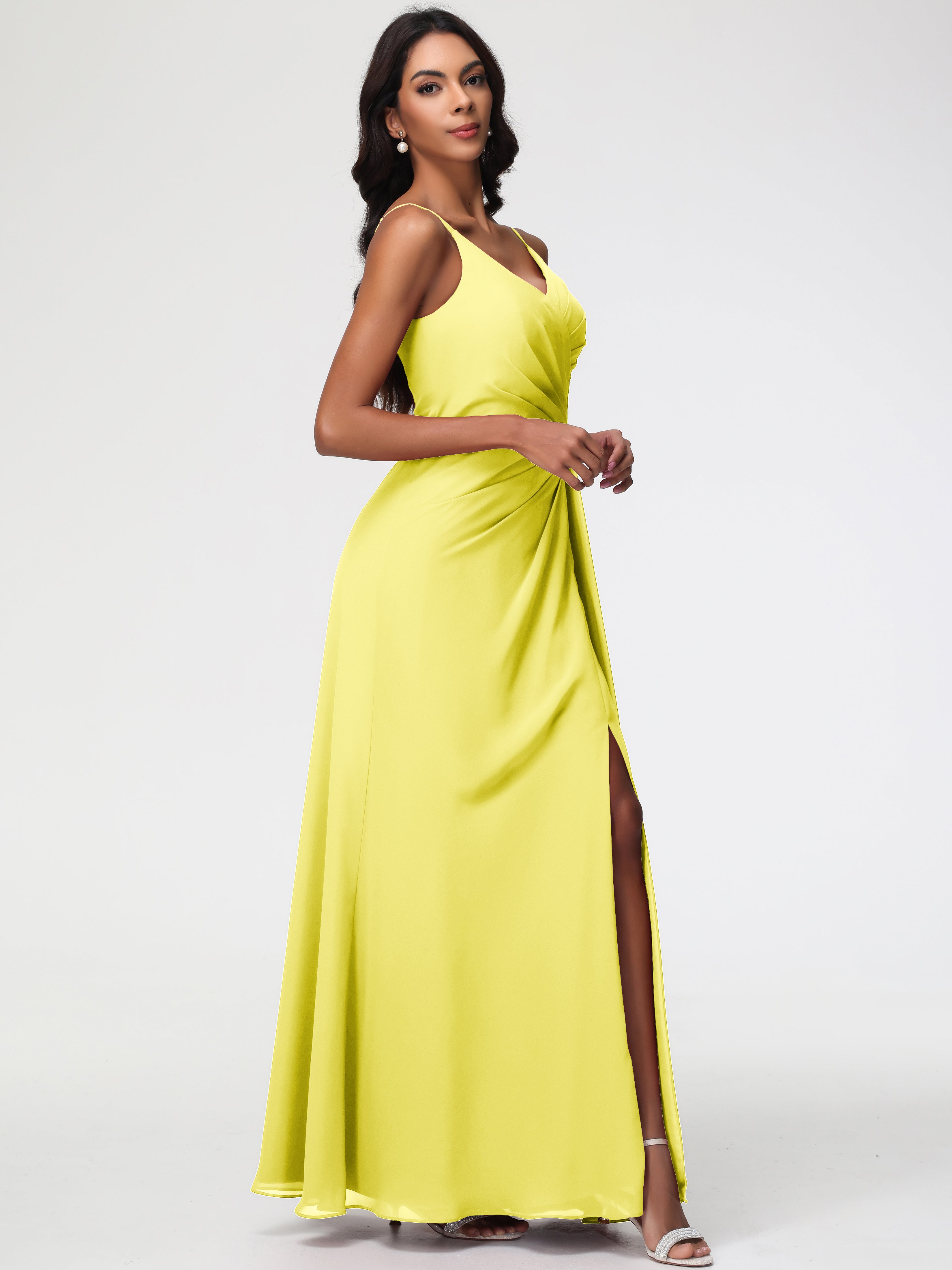 Robe Demoiselle D Honneur Jaune Citron Bretelles Spaghetti Col V Mousseline Robe Demoiselle D'Honneur Longue Plissée