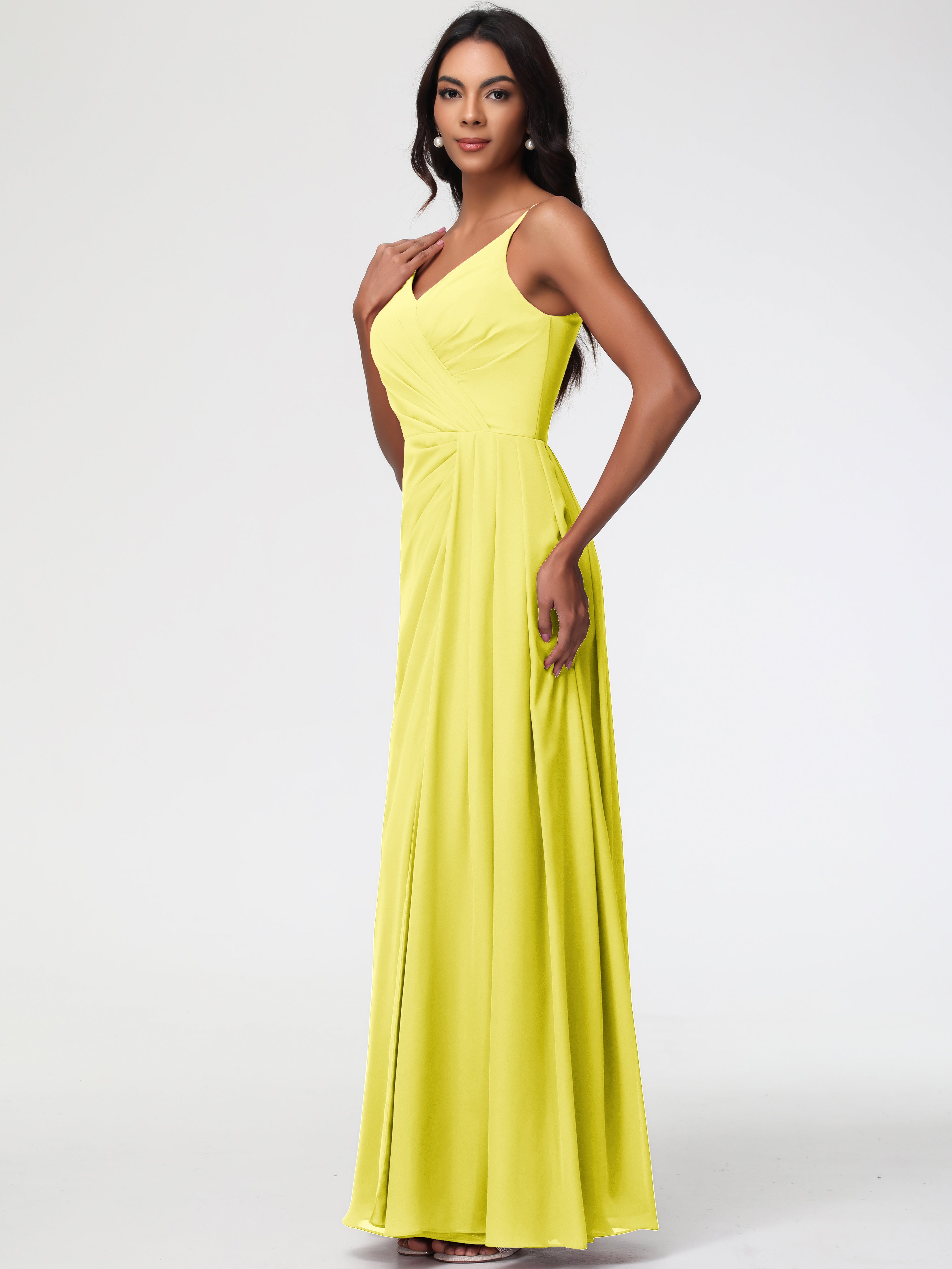 Robe Demoiselle D Honneur Jaune Citron Bretelles Spaghetti Col V Mousseline Robe Demoiselle D'Honneur Longue Plissée