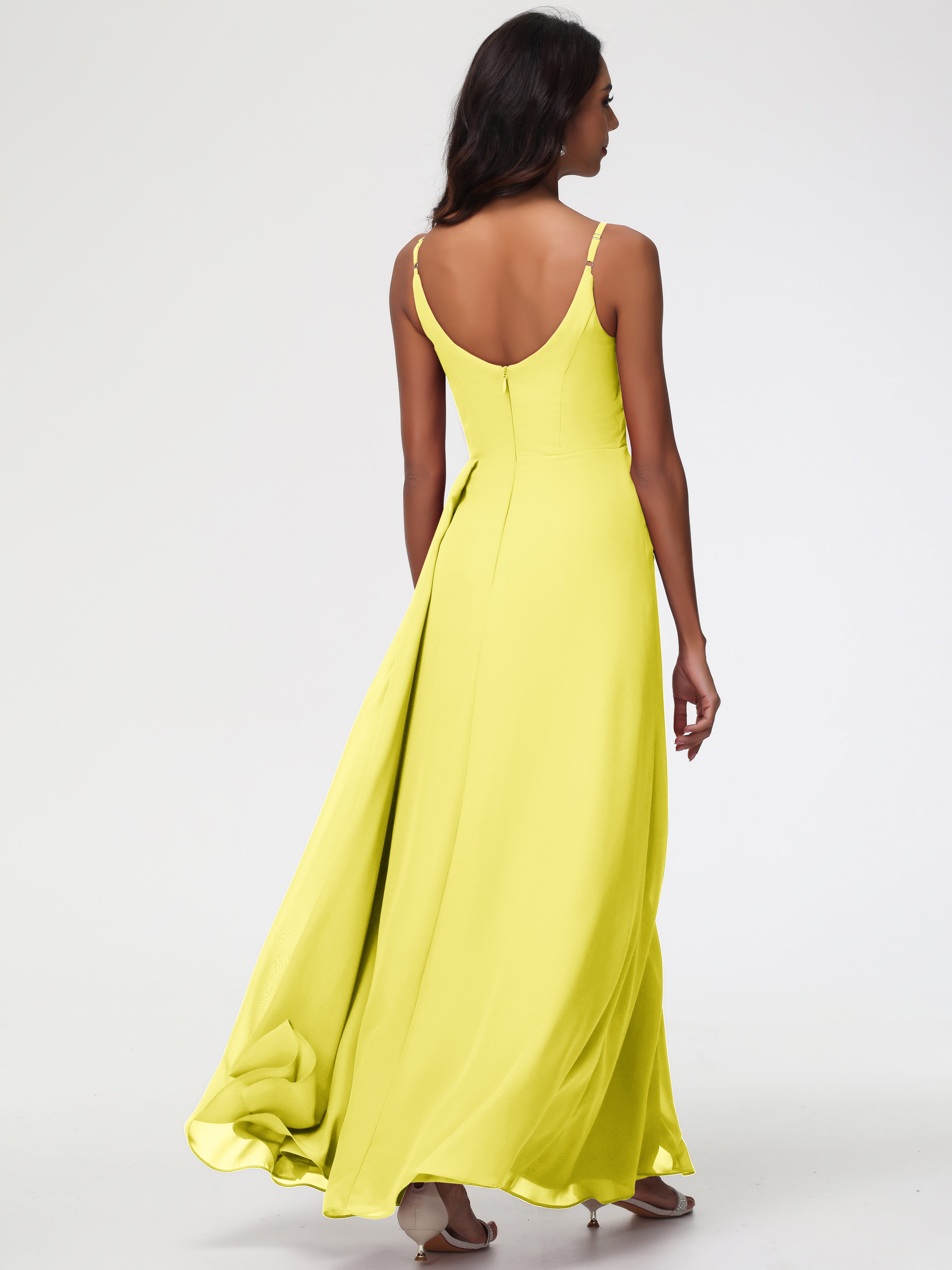 Robe Demoiselle D Honneur Jaune Citron Bretelles Spaghetti Col V Mousseline Robe Demoiselle D'Honneur Longue Plissée