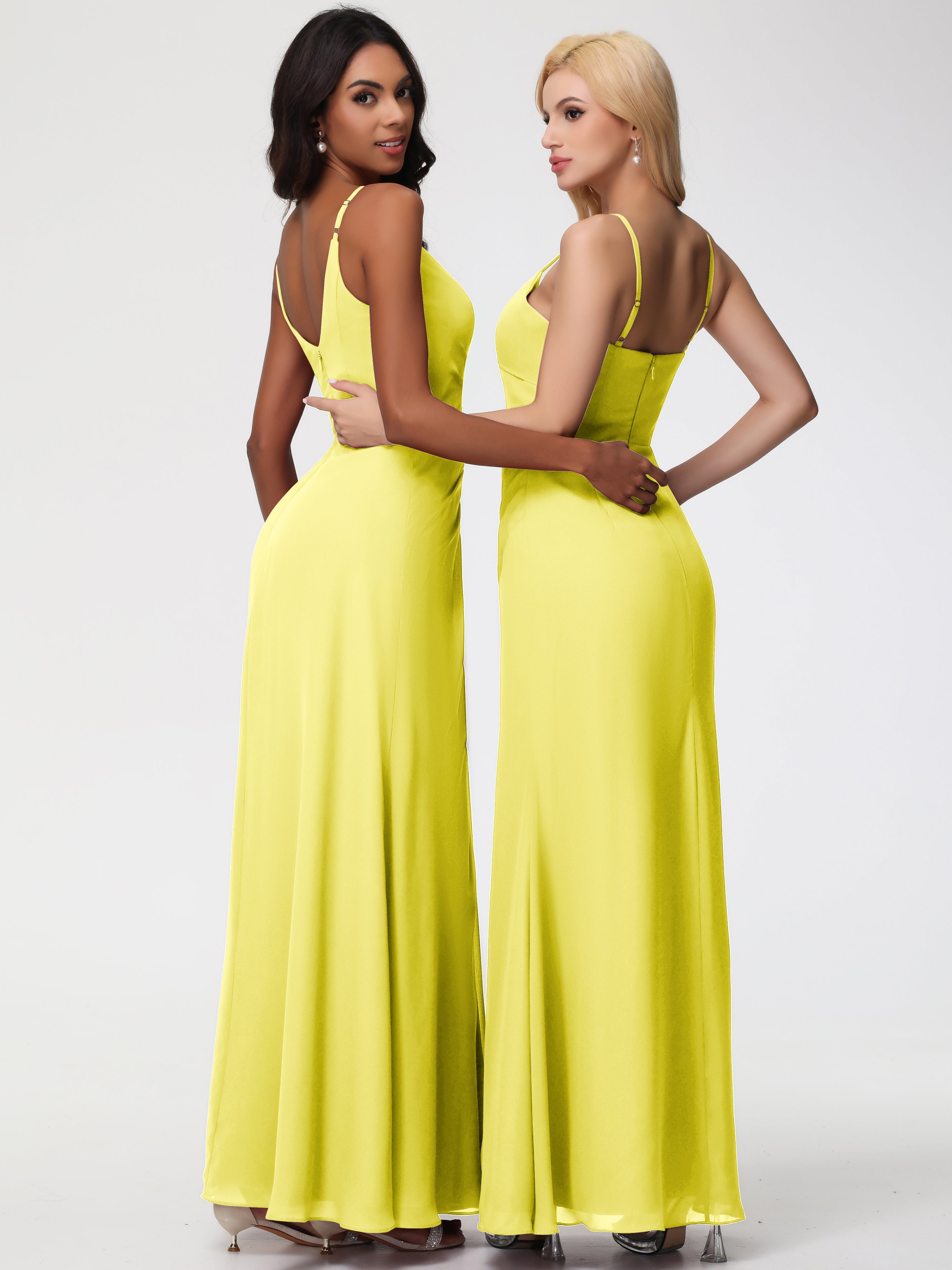 Robe Demoiselle D Honneur Jaune Citron Bretelles Spaghetti Col V Mousseline Robe Demoiselle D'Honneur Longue Plissée
