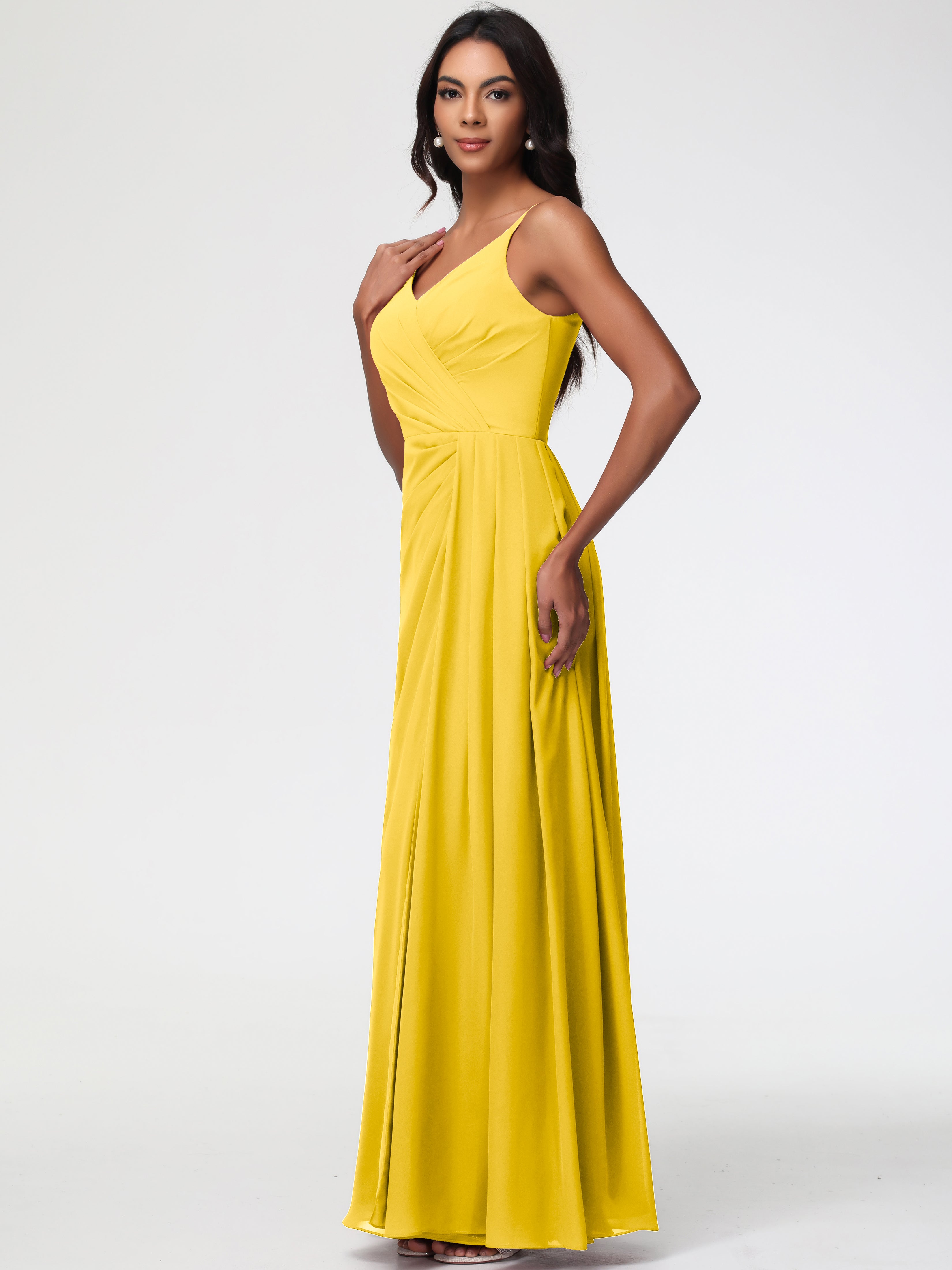 Robe De Demoiselle D'Honneur Souci Bretelles Spaghetti Col V Mousseline Robe Demoiselle D'Honneur Longue Plissée