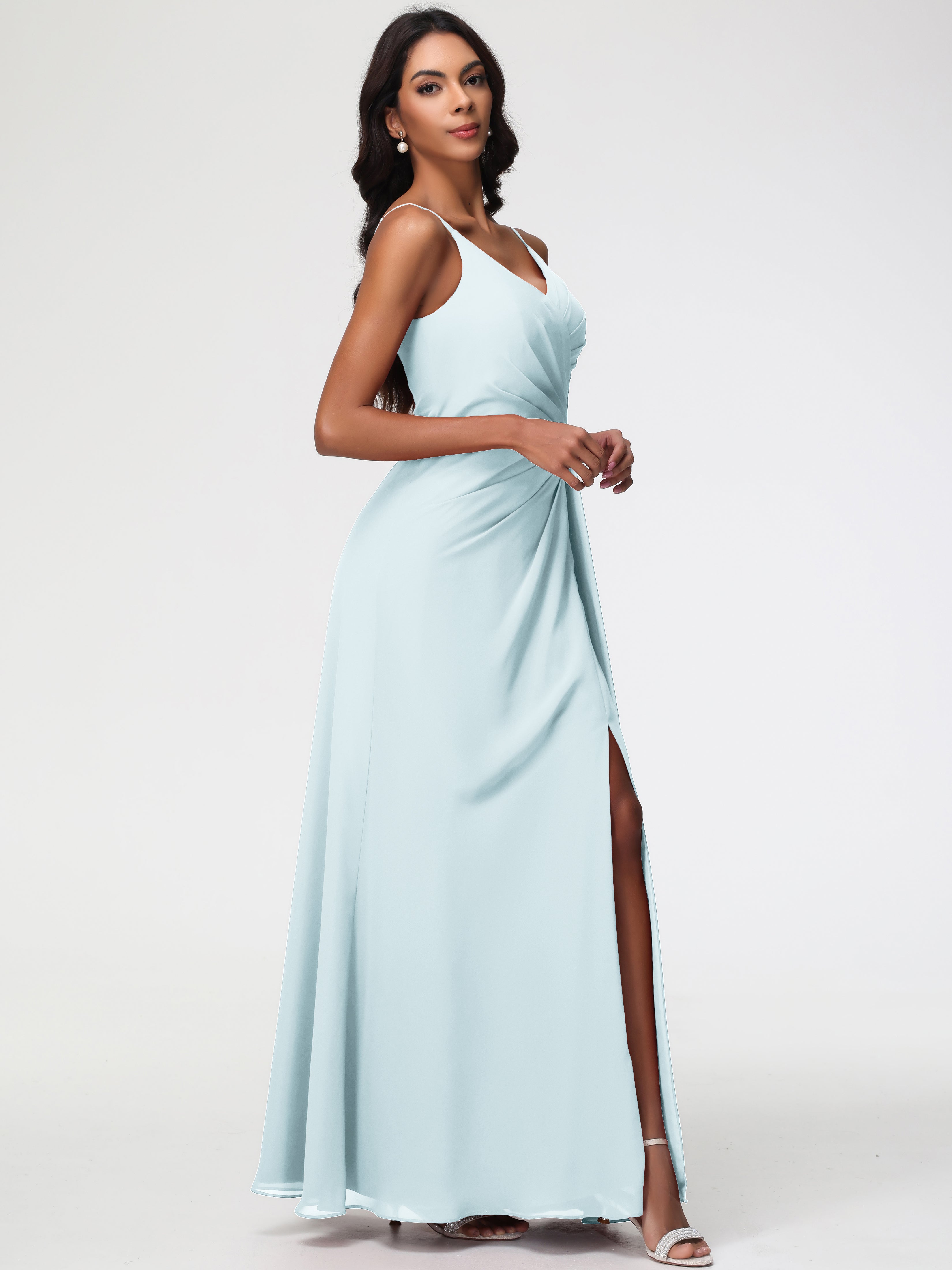 Robe De Demoiselle D'Honneur Brume Bretelles Spaghetti Col V Mousseline Robe Demoiselle D'Honneur Longue Plissée