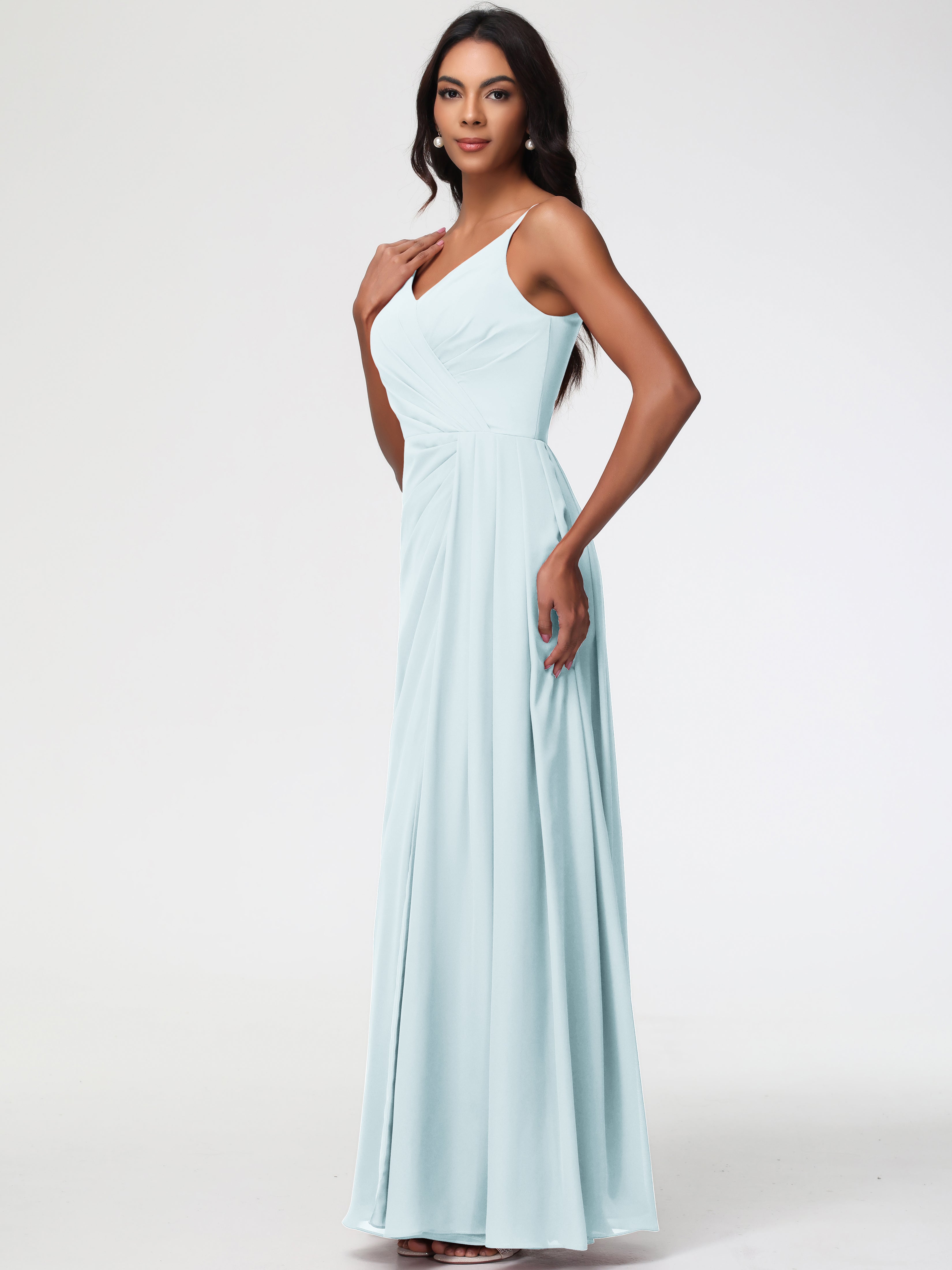 Robe De Demoiselle D'Honneur Brume Bretelles Spaghetti Col V Mousseline Robe Demoiselle D'Honneur Longue Plissée