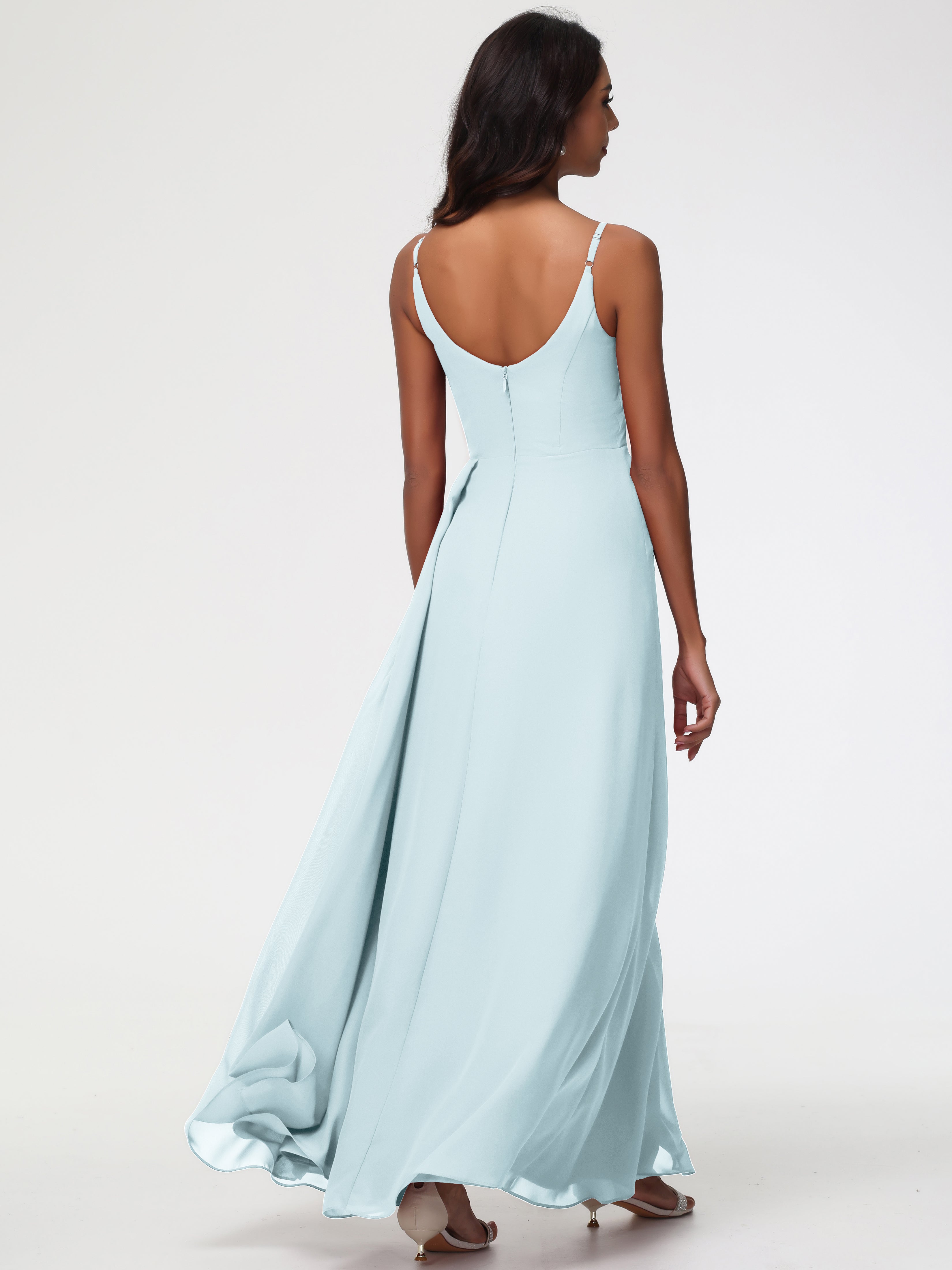 Robe De Demoiselle D'Honneur Brume Bretelles Spaghetti Col V Mousseline Robe Demoiselle D'Honneur Longue Plissée
