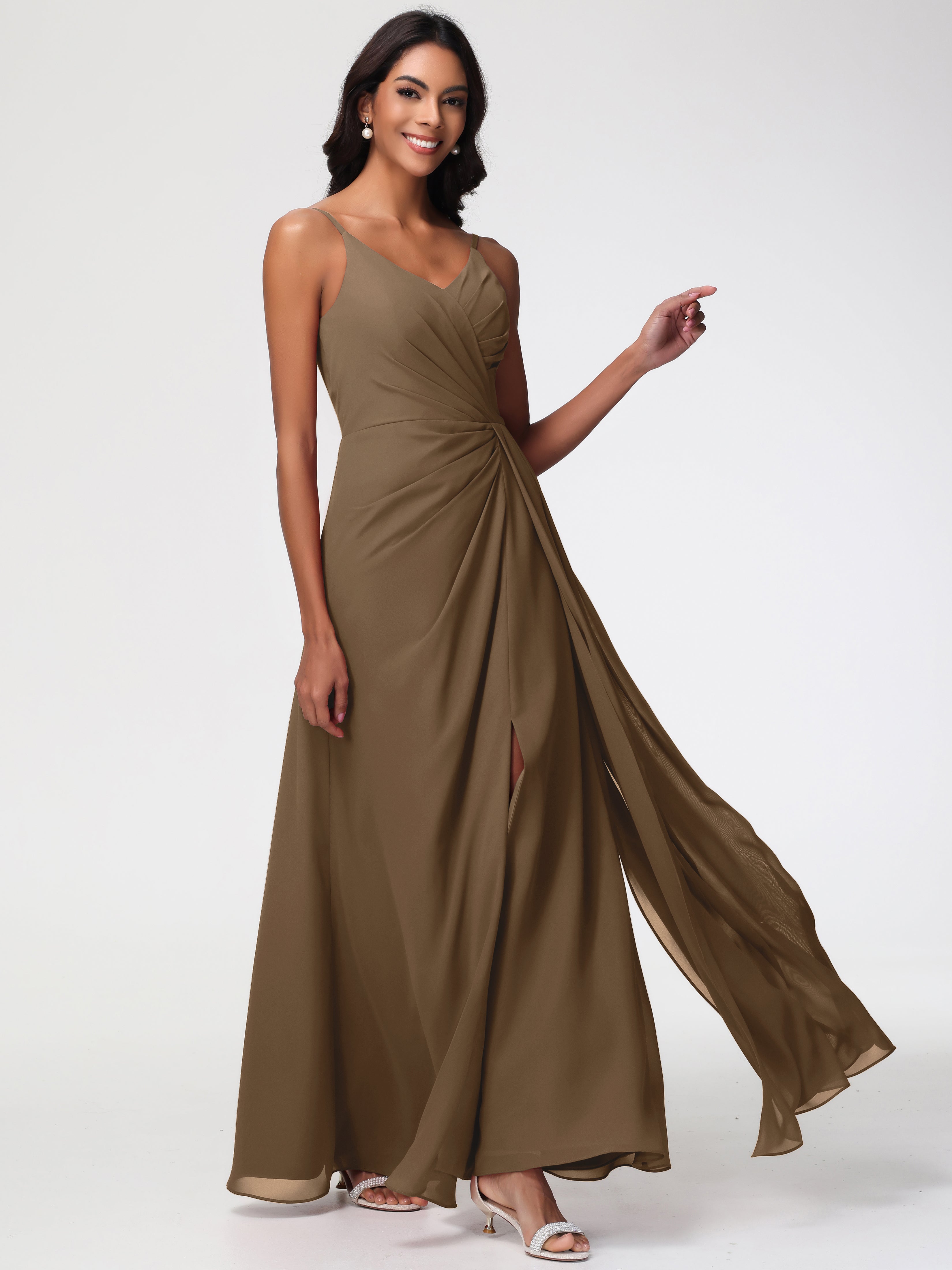 Robe De Demoiselle D'Honneur Moka Bretelles Spaghetti Col V Mousseline Robe Demoiselle D'Honneur Longue Plissée