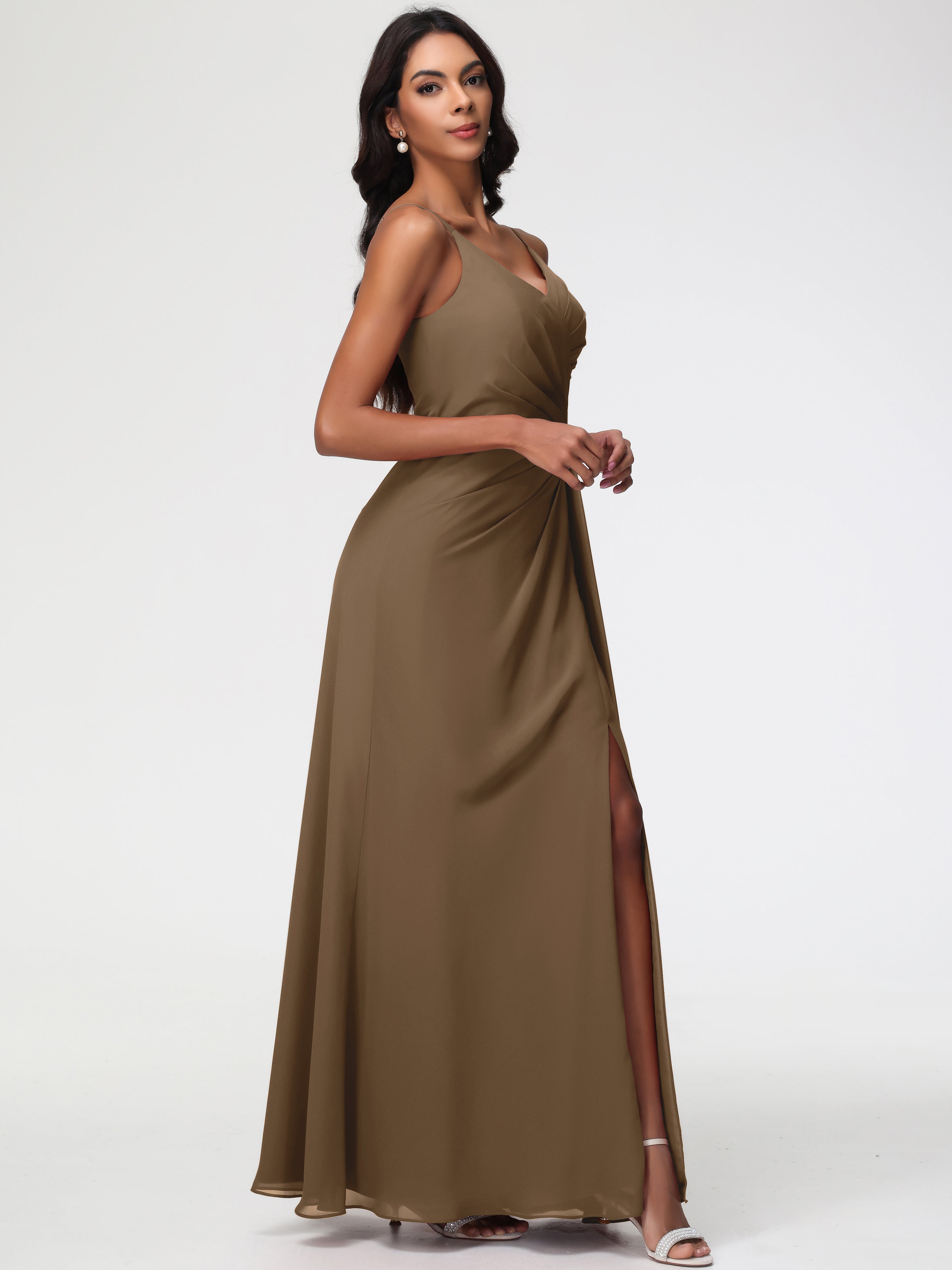 Robe De Demoiselle D'Honneur Moka Bretelles Spaghetti Col V Mousseline Robe Demoiselle D'Honneur Longue Plissée