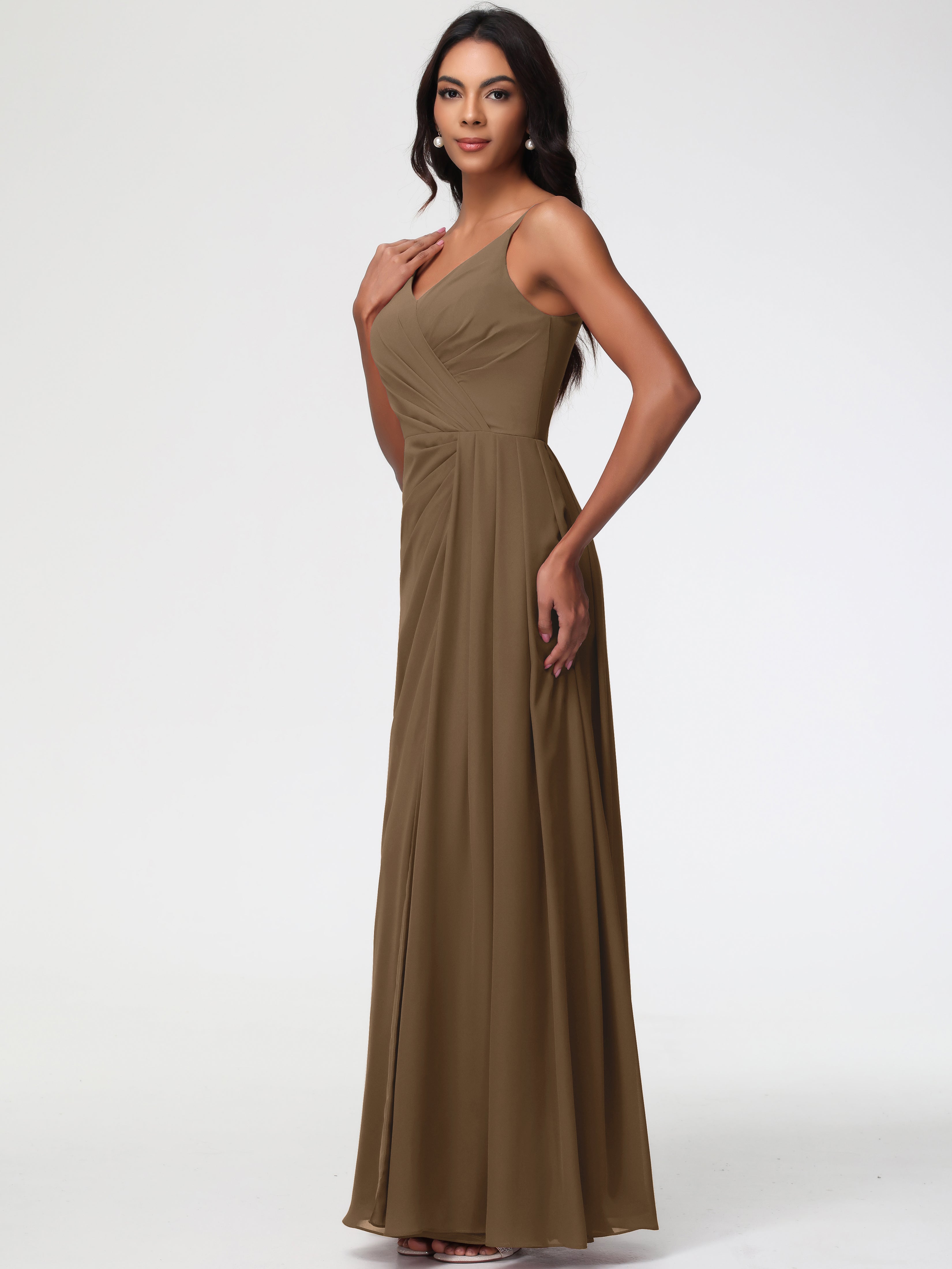 Robe De Demoiselle D'Honneur Moka Bretelles Spaghetti Col V Mousseline Robe Demoiselle D'Honneur Longue Plissée
