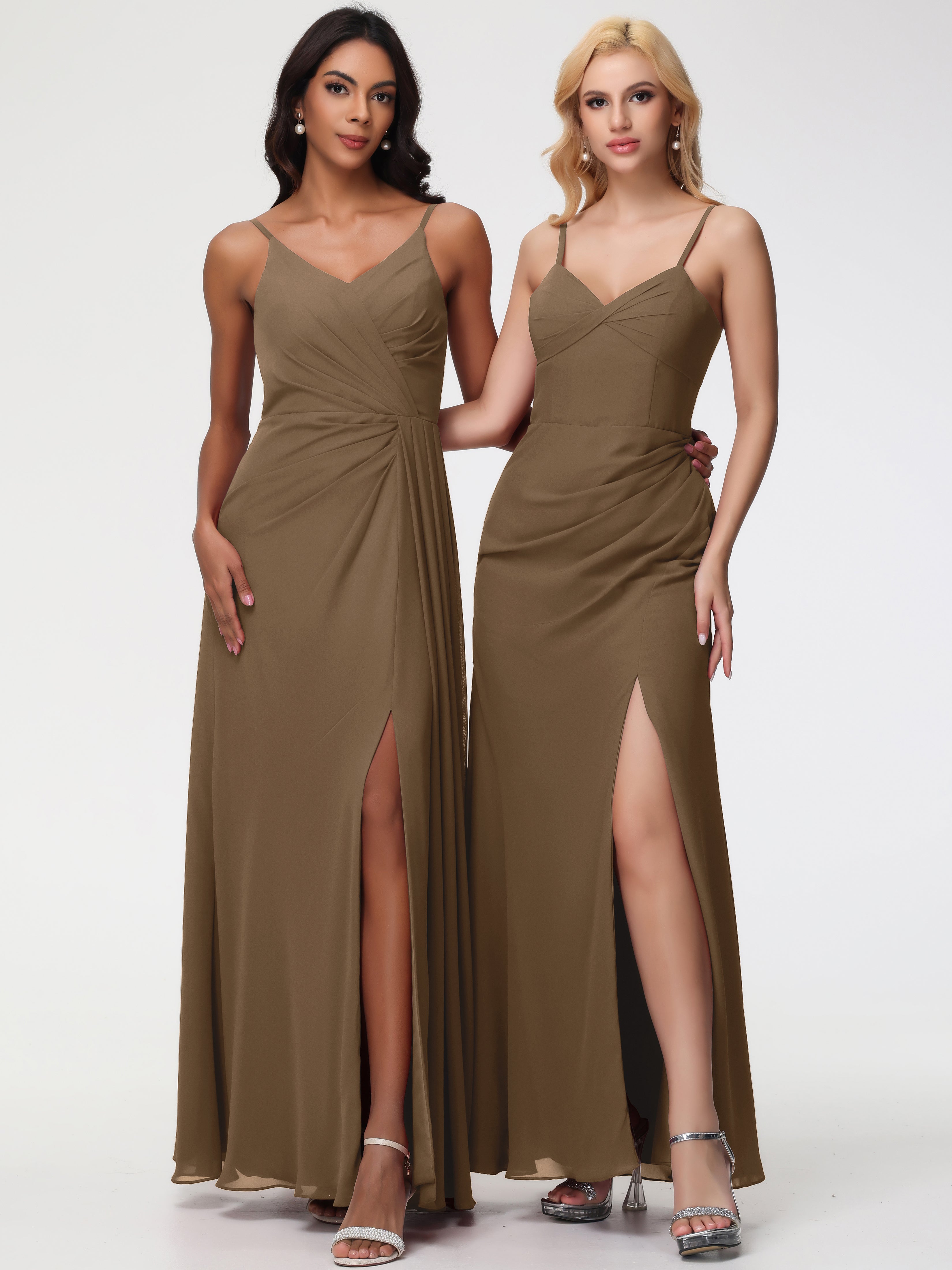 Robe De Demoiselle D'Honneur Moka Bretelles Spaghetti Col V Mousseline Robe Demoiselle D'Honneur Longue Plissée