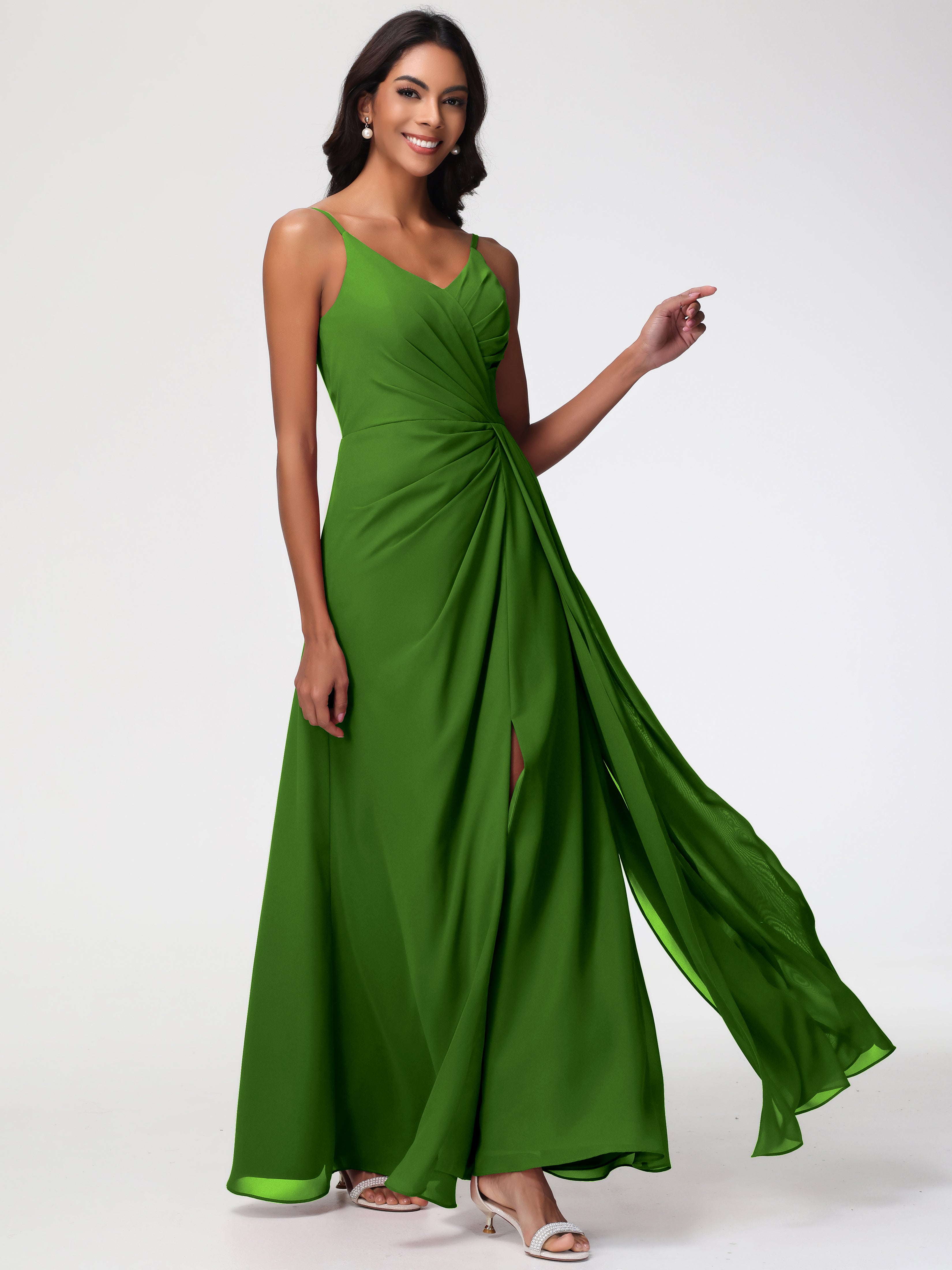 Robes De Demoiselle D'Honneur Vert Mousse Bretelles Spaghetti Col V Mousseline Robe Demoiselle D'Honneur Longue Plissée