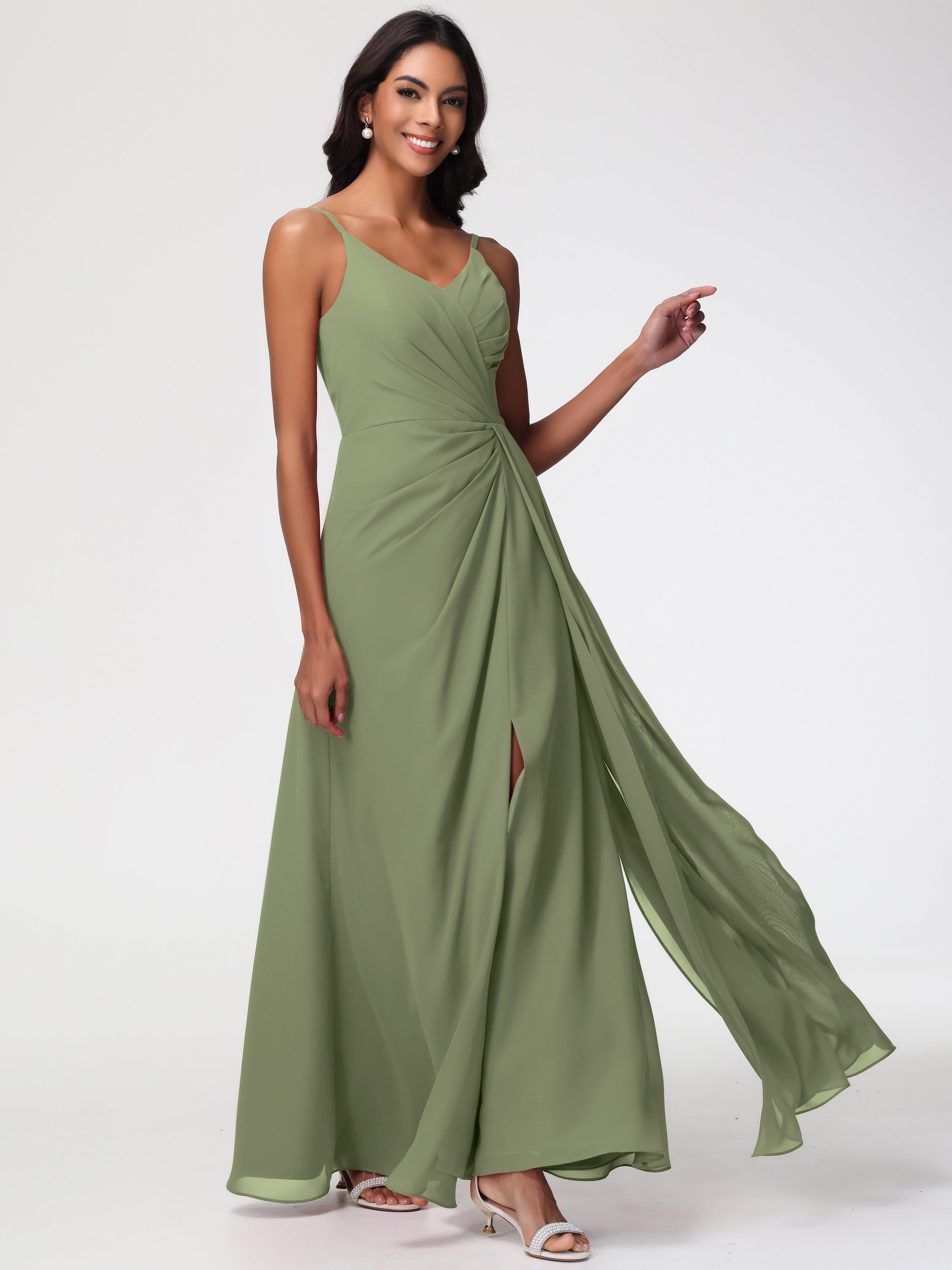 Robe De Demoiselle D Honneur Vert Olive Bretelles Spaghetti Col V Mousseline Robe Demoiselle D'Honneur Longue Plissée