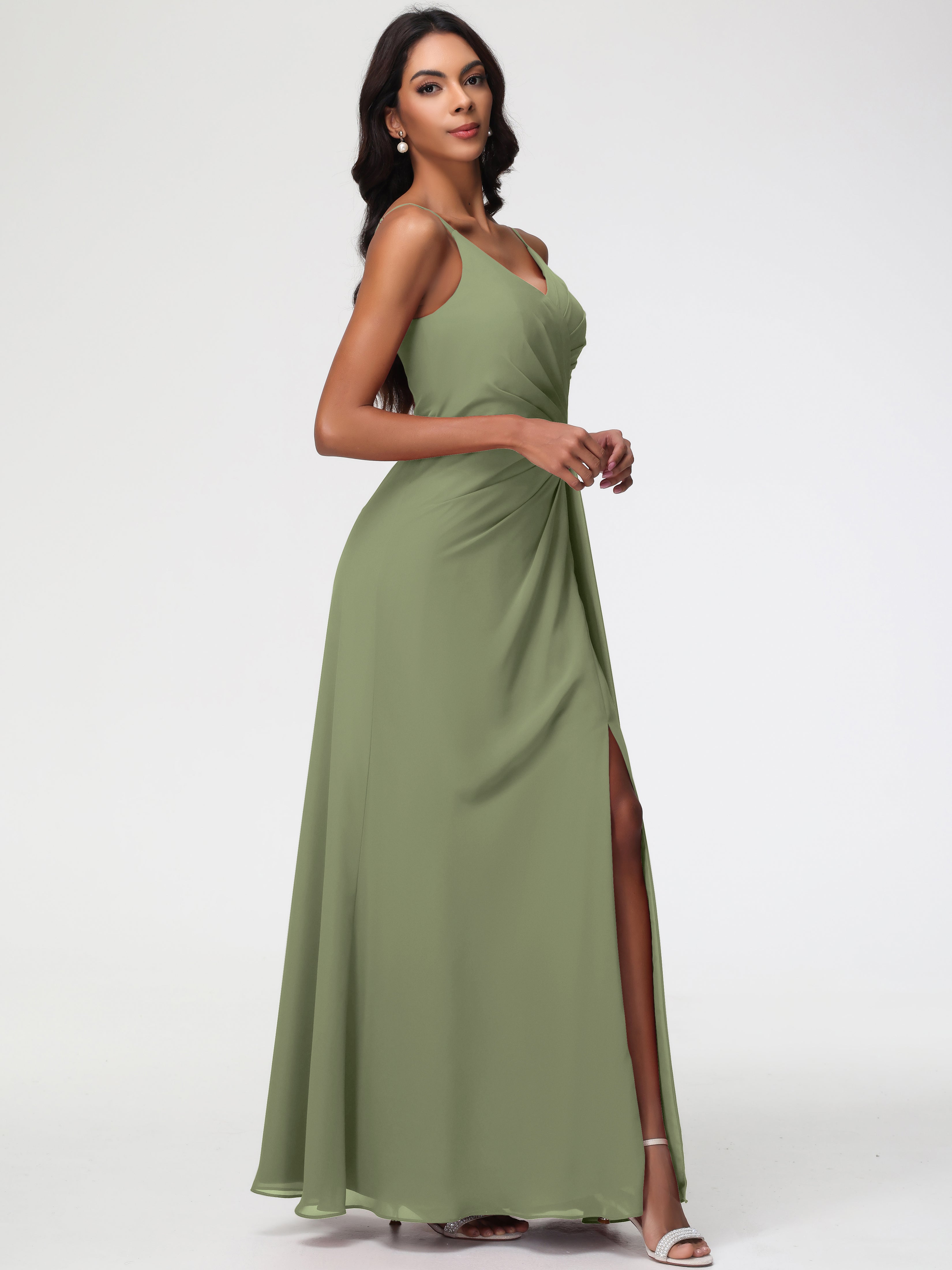 Robe De Demoiselle D Honneur Vert Olive Bretelles Spaghetti Col V Mousseline Robe Demoiselle D'Honneur Longue Plissée