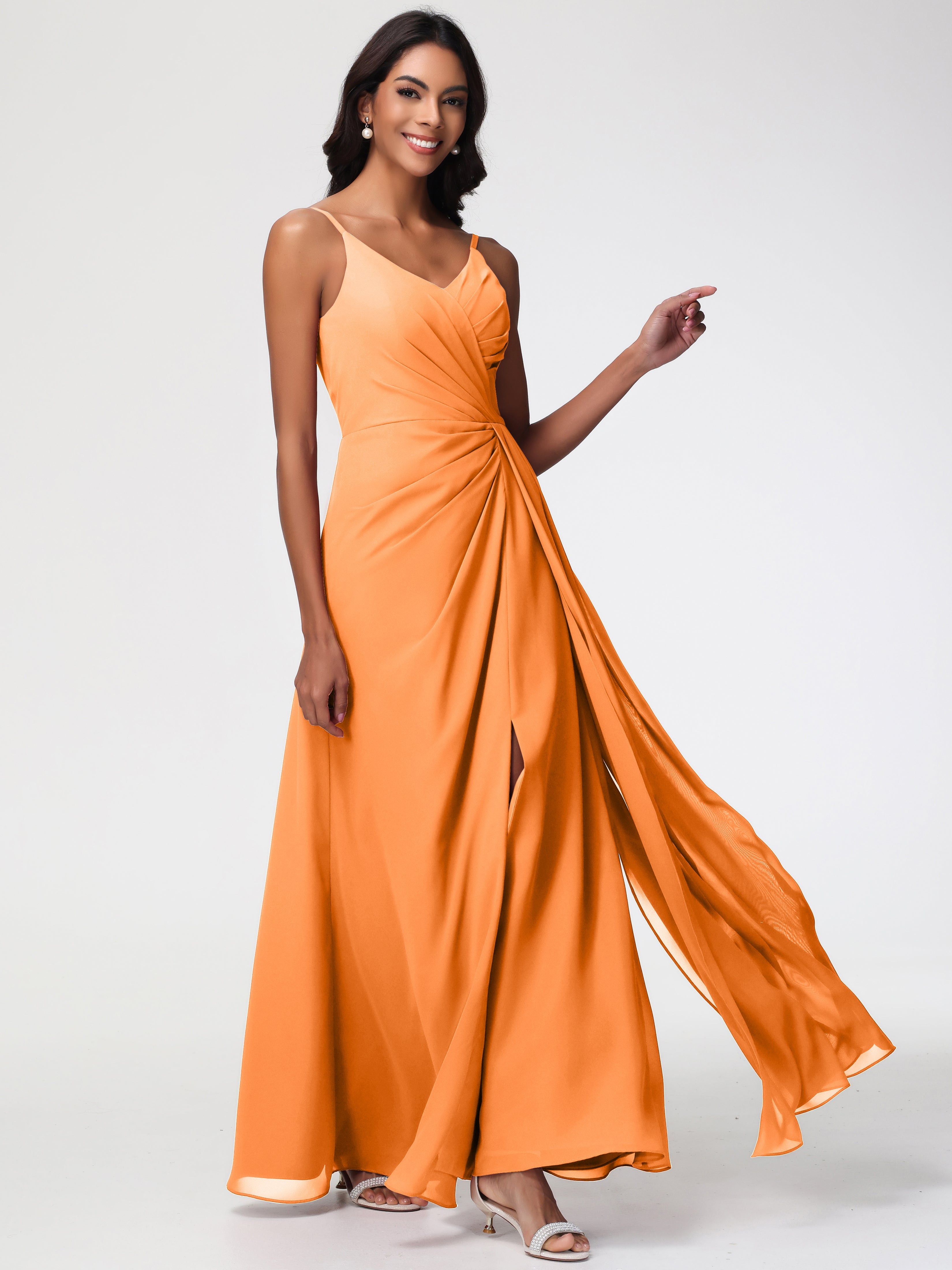 Robe Demoiselle Dhonneur Orange Bretelles Spaghetti Col V Mousseline Robe Demoiselle D'Honneur Longue Plissée