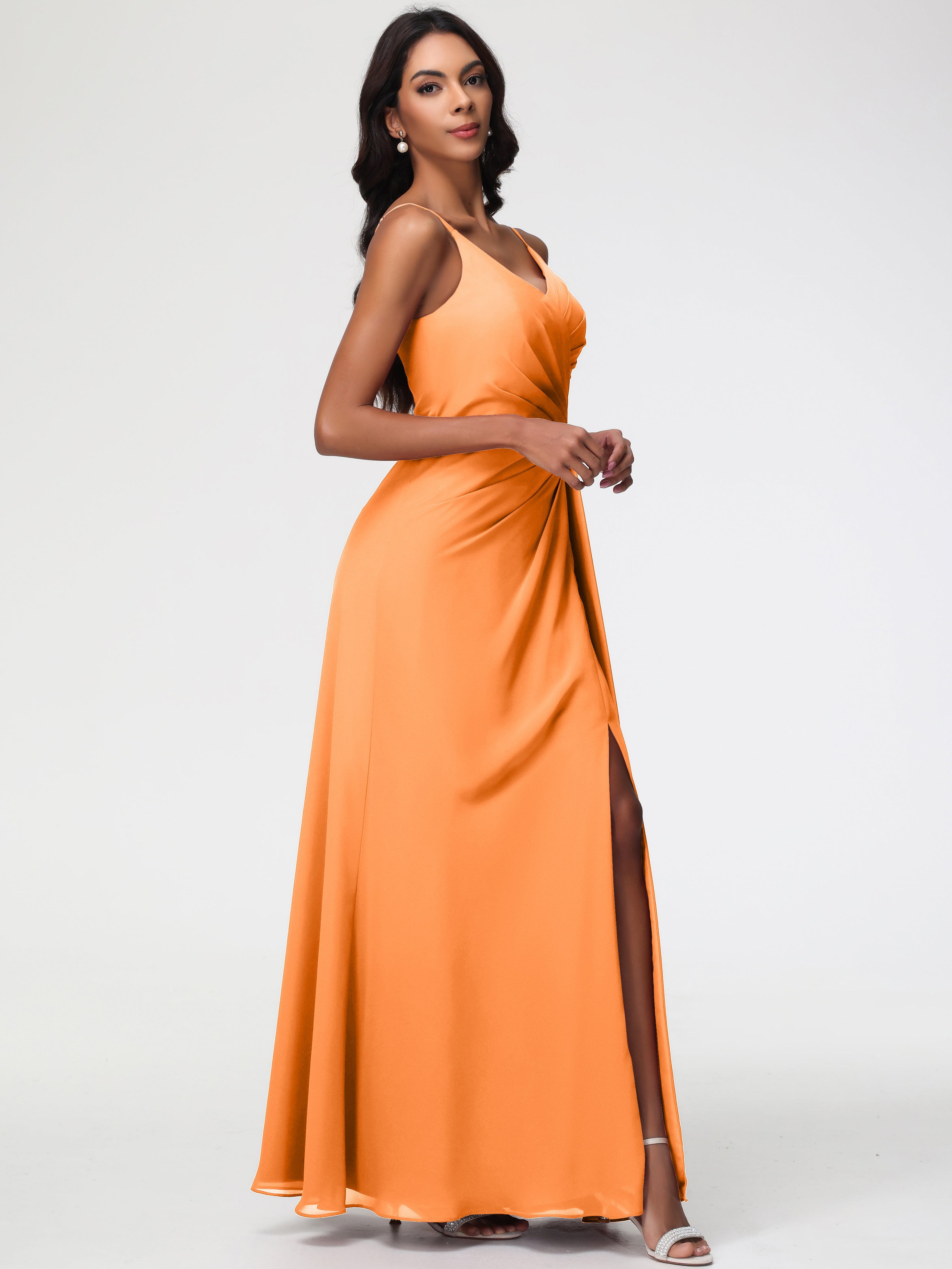 Robe Demoiselle Dhonneur Orange Bretelles Spaghetti Col V Mousseline Robe Demoiselle D'Honneur Longue Plissée