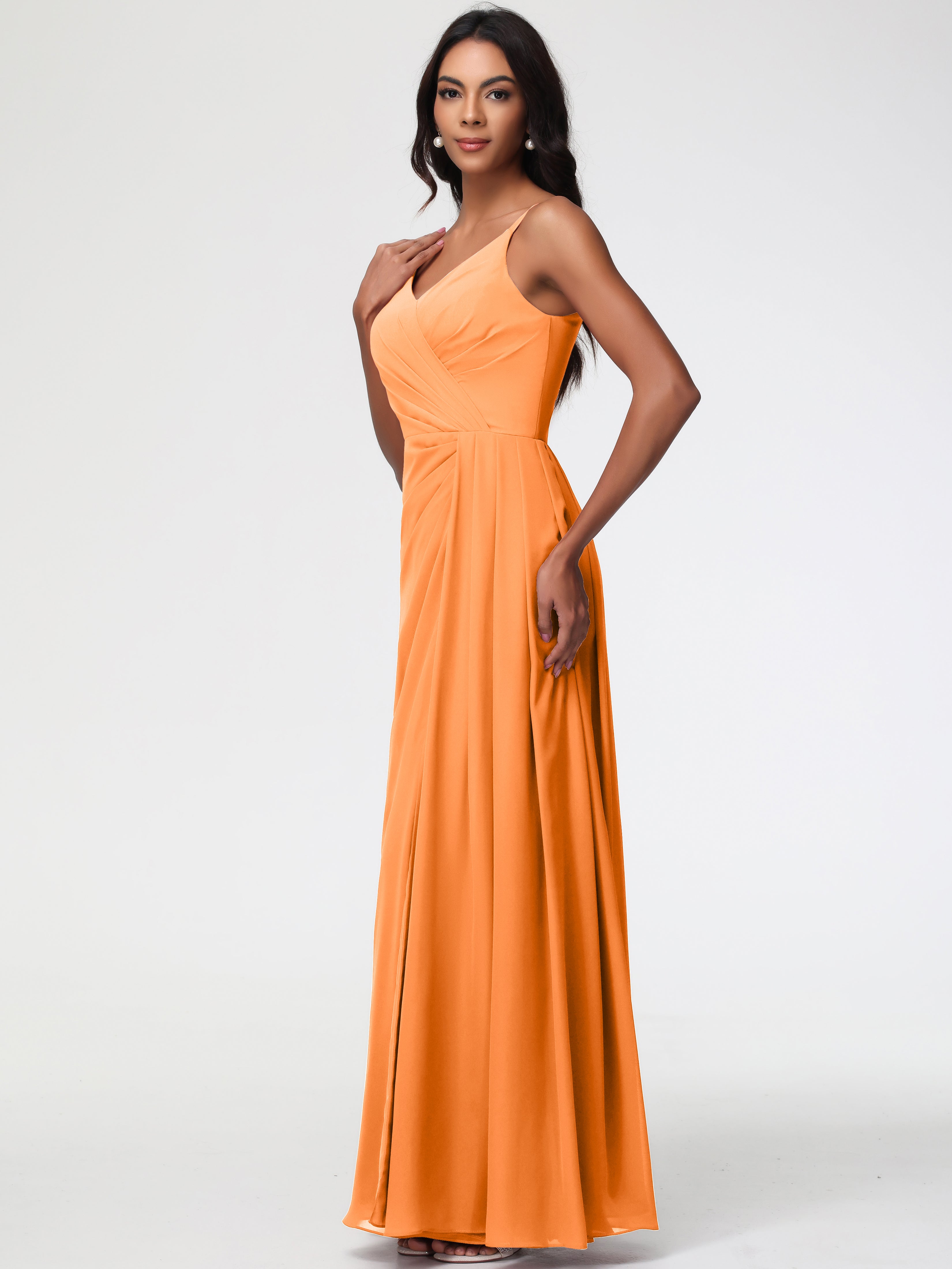Robe Demoiselle Dhonneur Orange Bretelles Spaghetti Col V Mousseline Robe Demoiselle D'Honneur Longue Plissée